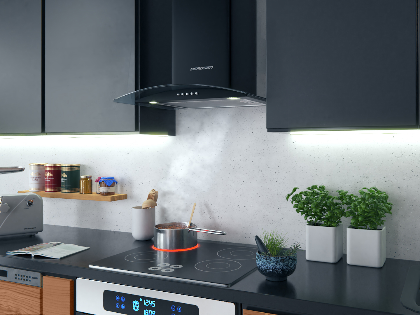 Scena kuchenna z czarnym okapem, parą z garnka i czarnymi szafkami.