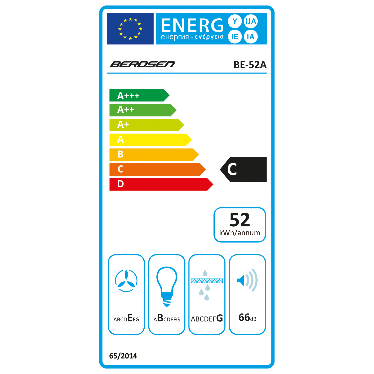 Etykieta energetyczna dla okapu, Berosen BE-52A, z klasą efektywności energetycznej C. Pokazuje różne ikony.
