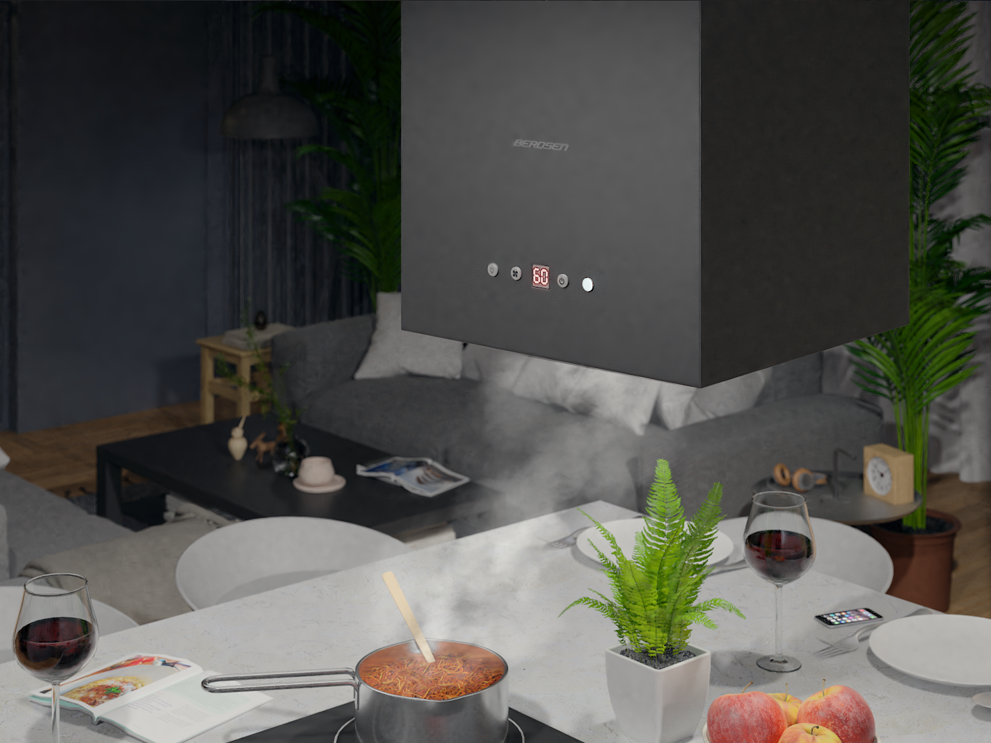 Wnętrze kuchni z garnkiem na kuchence i czarnym okapem wiszącym nad nim.