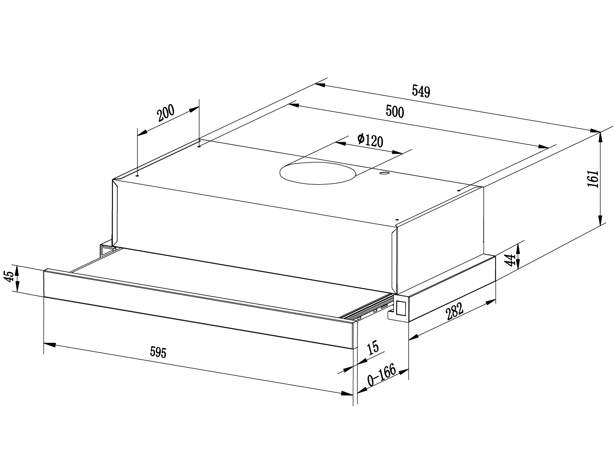 Rysunek techniczny okapu kuchennego z wymiarami w mm, widok z góry i z boku.