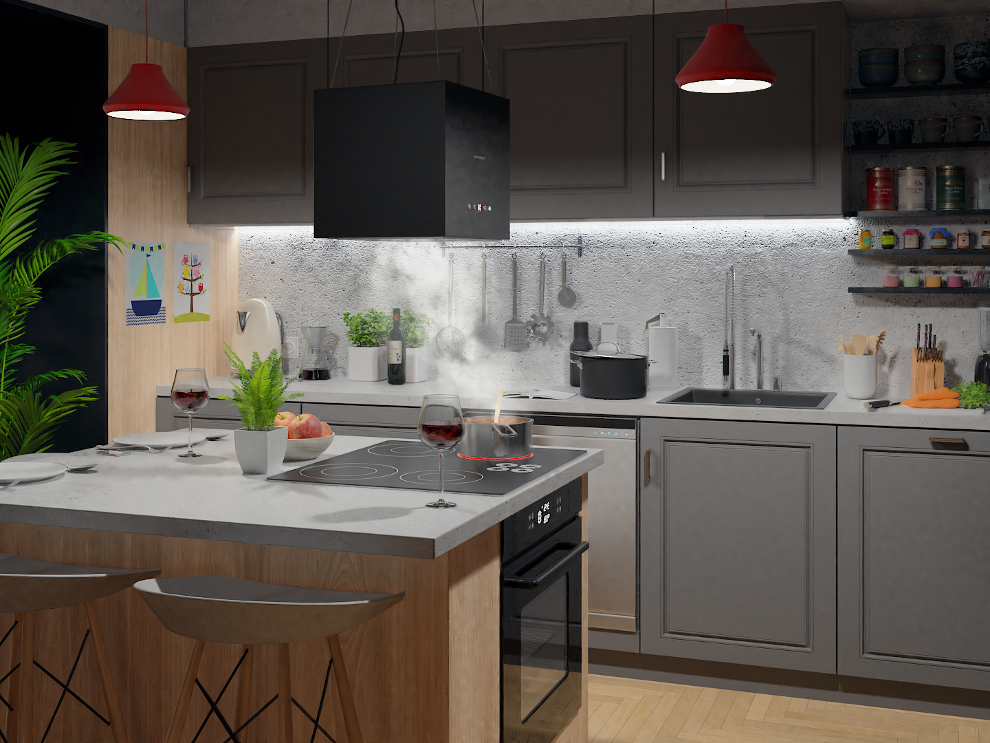 Wyspa kuchenna z płytą grzejną, kieliszkami do wina i czarnym okapem. Para unosi się z garnka na kuchence.