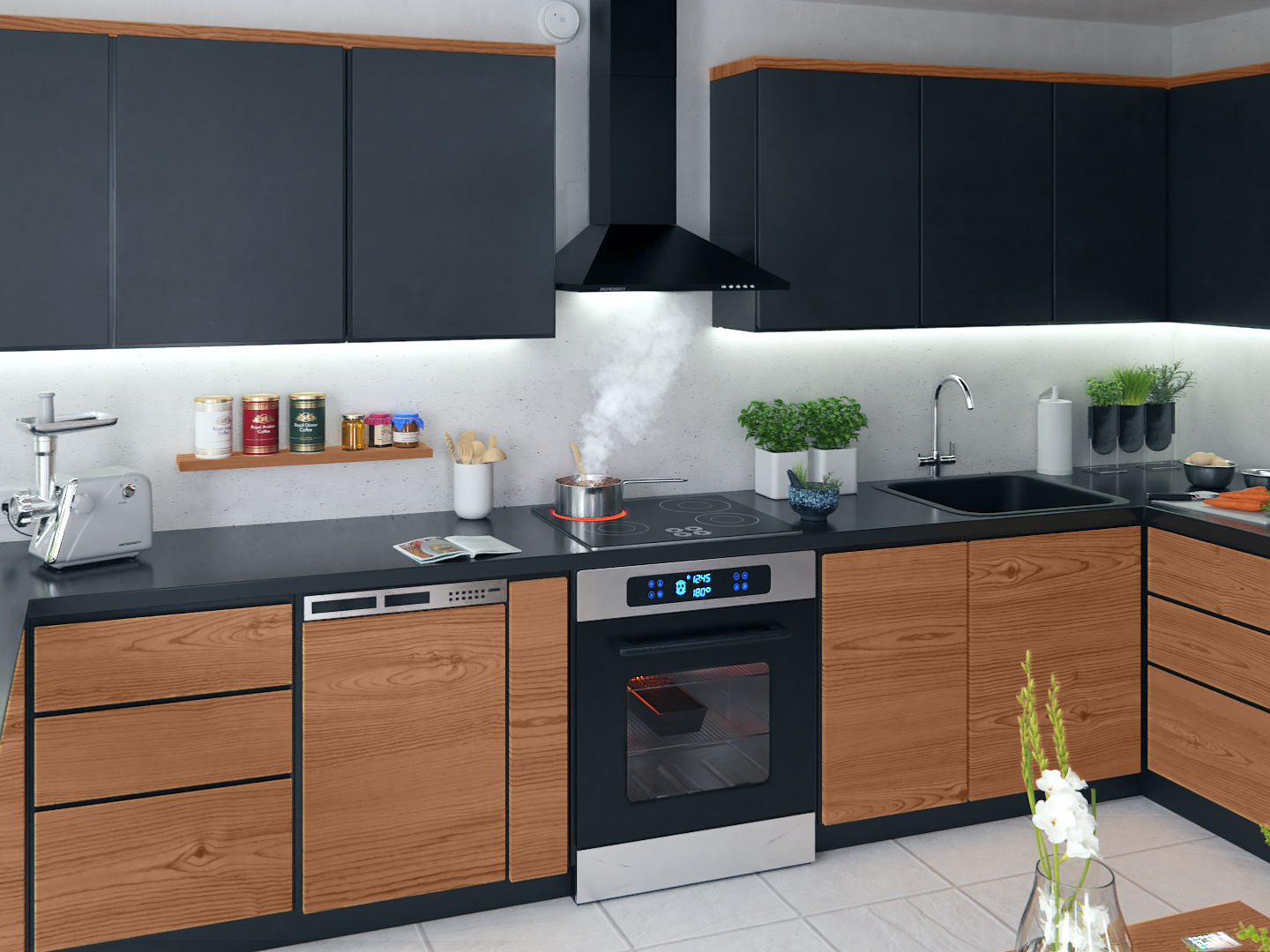 Kuchnia z drewnianymi szafkami, czarnym blatem, kuchenką z garnkiem i piekarnikiem. Jest zlew i rośliny.