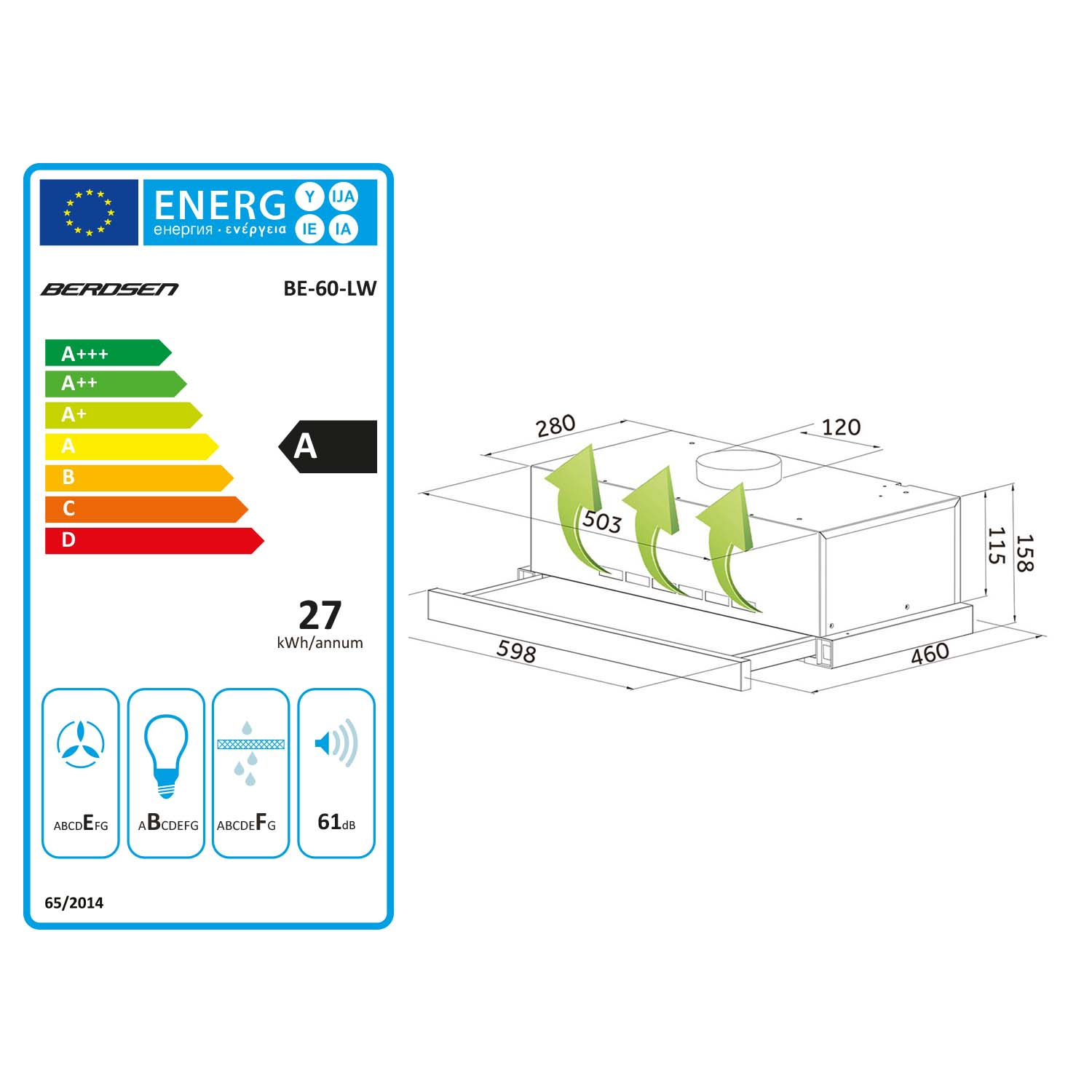 Etykieta efektywności energetycznej okapu, pokazująca klasy energetyczne i szczegóły wydajności, z wymiarami.