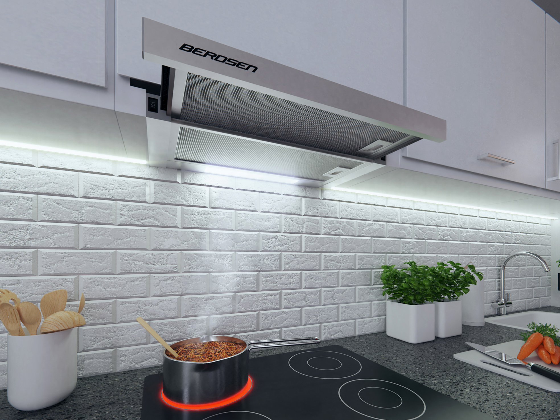 Kuchnia z okapem, kuchenką i ścianą w ceglanym wzorze. Garnek stoi na kuchence.