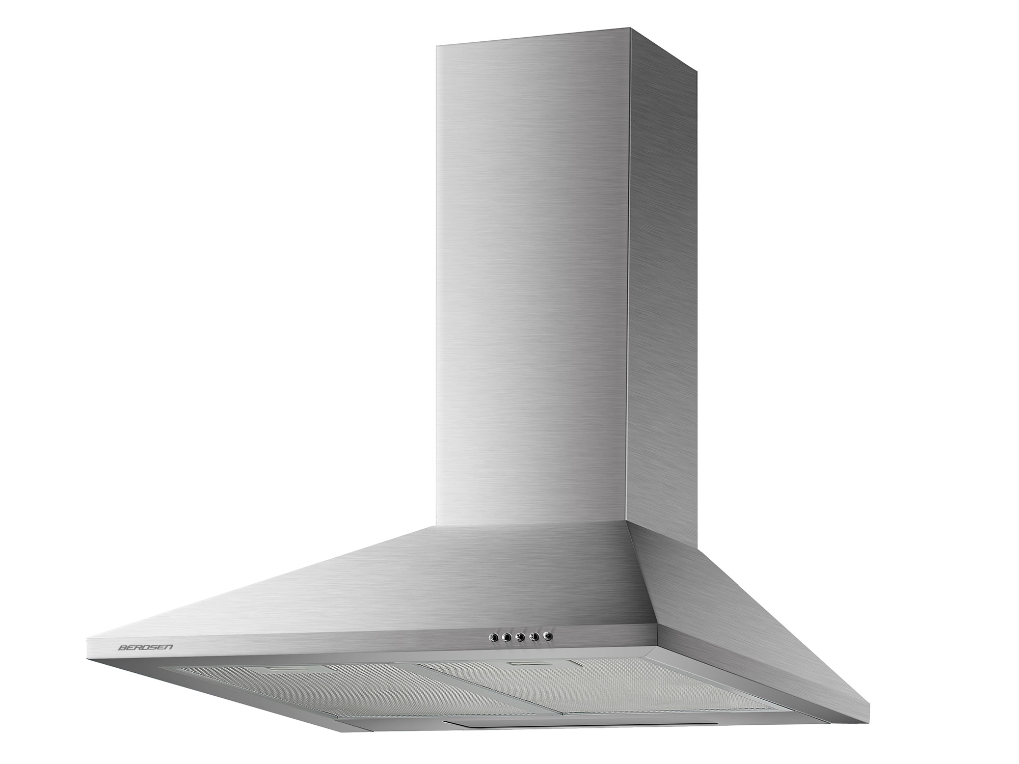 Okap ze stali nierdzewnej w kształcie komina, widok z boku i trzy przyciski sterowania.