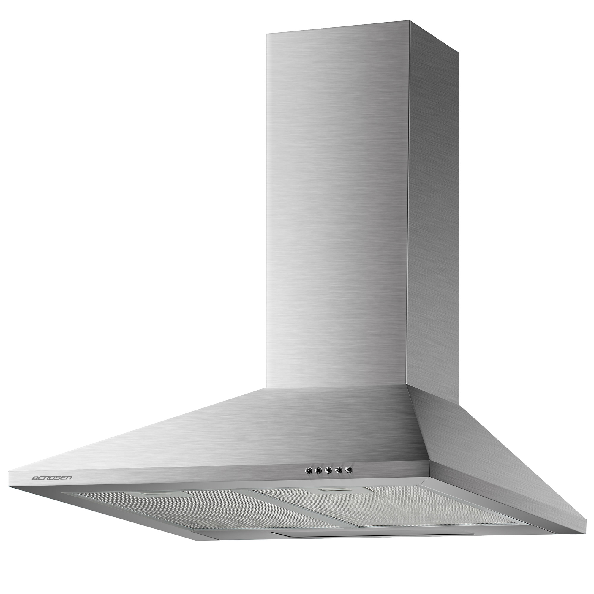 Okap ze stali nierdzewnej w kształcie komina i trzema przyciskami sterowania.