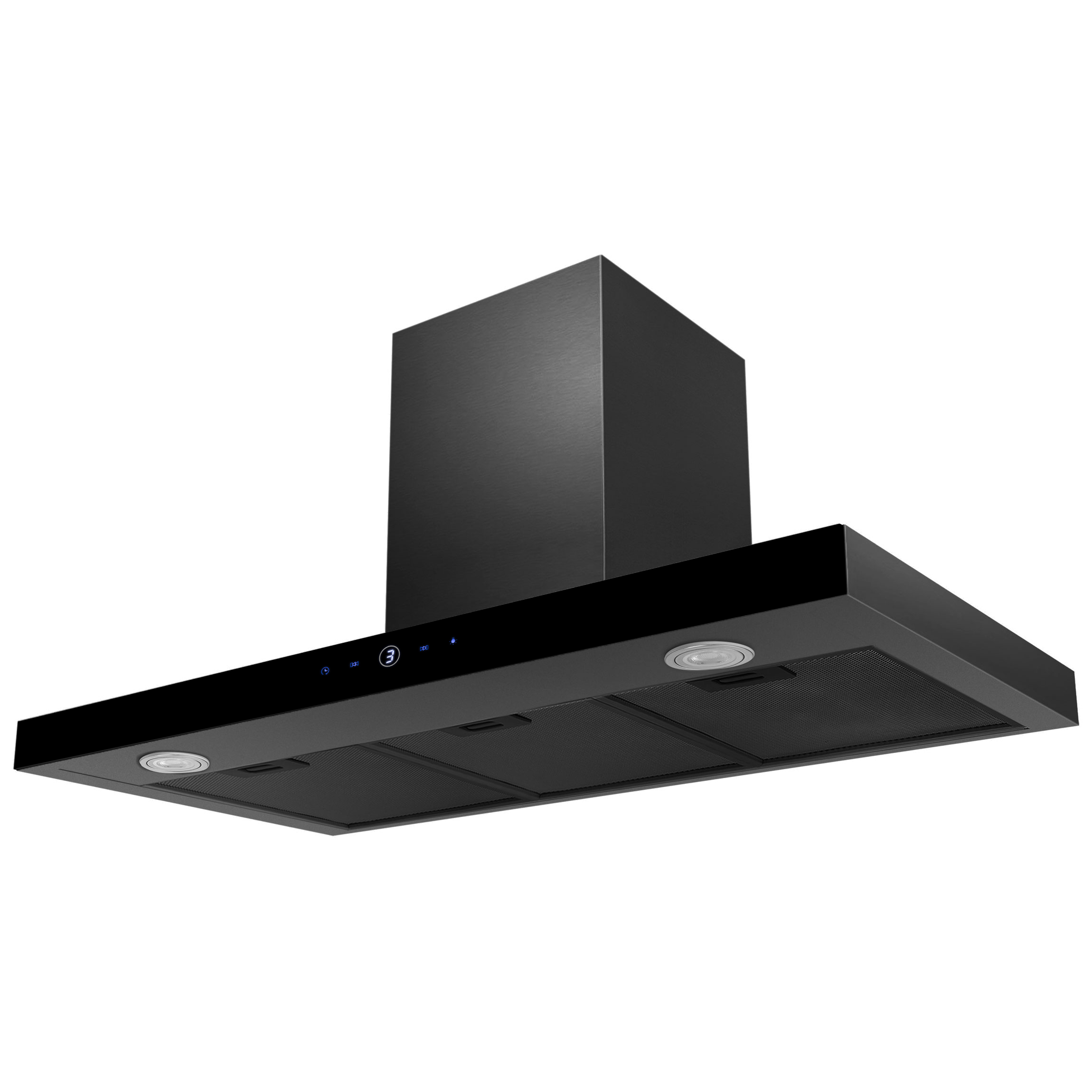 Czarny okap kuchenny o prostokątnym kształcie. Posiada światła i panel sterowania.