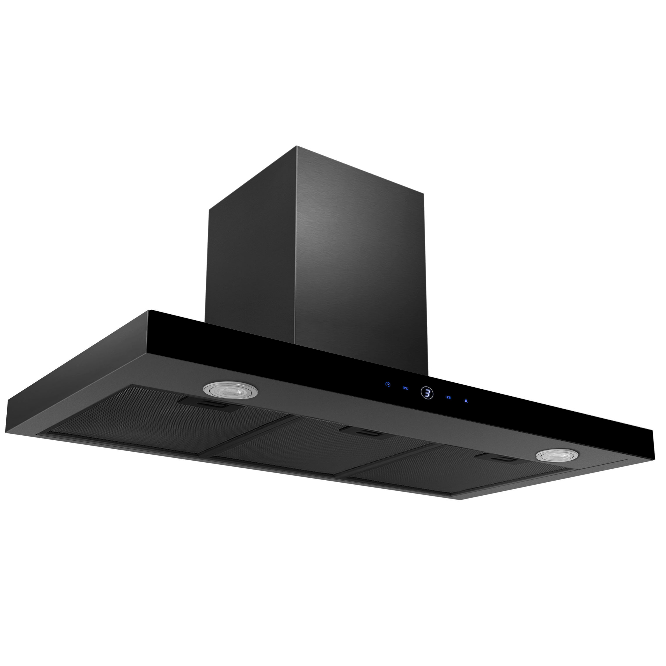 Czarny okap kuchenny o prostokątnym kształcie. Posiada światła i panel sterowania.