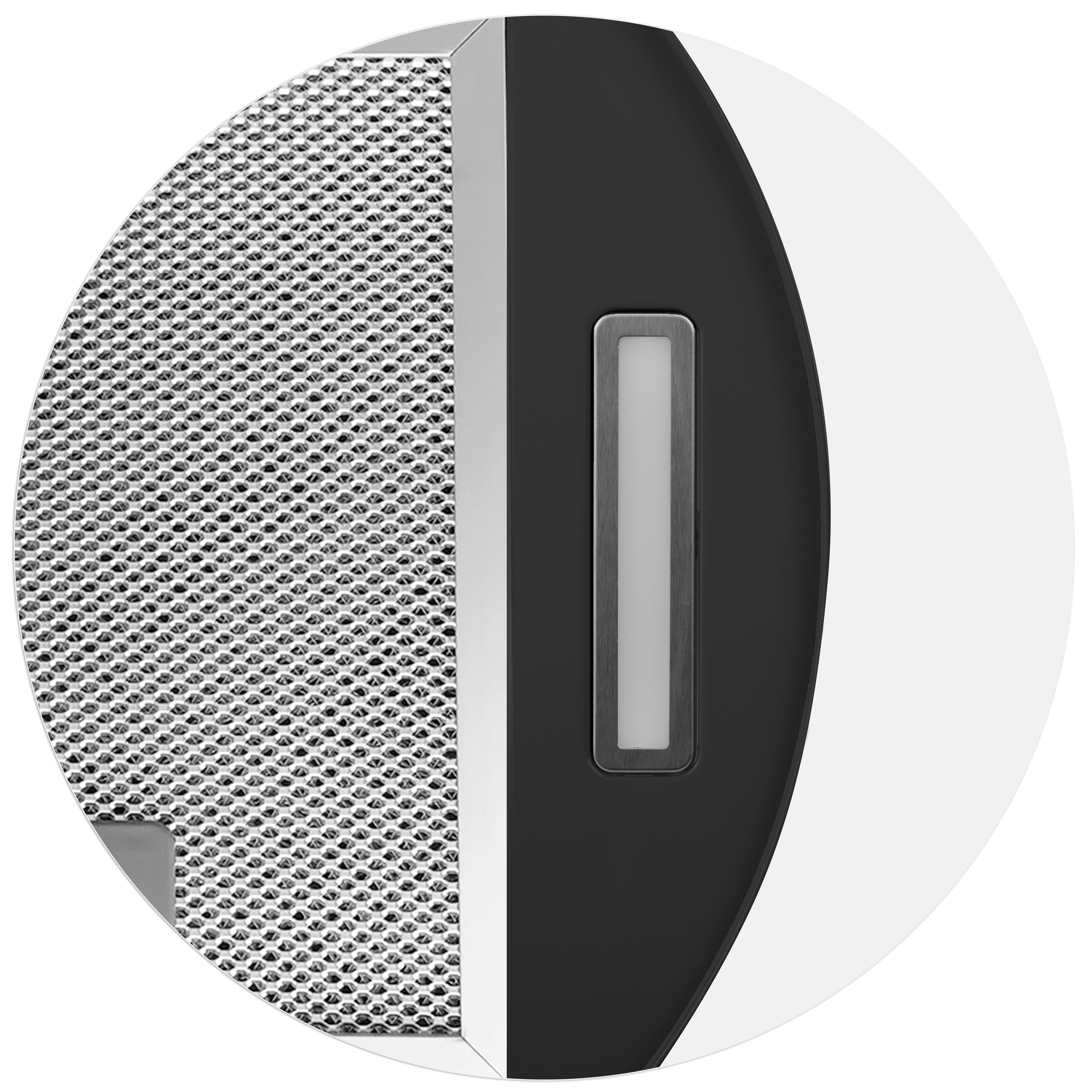 Zbliżenie filtra i światła czarnego okapu. Ma okrągłą konstrukcję.