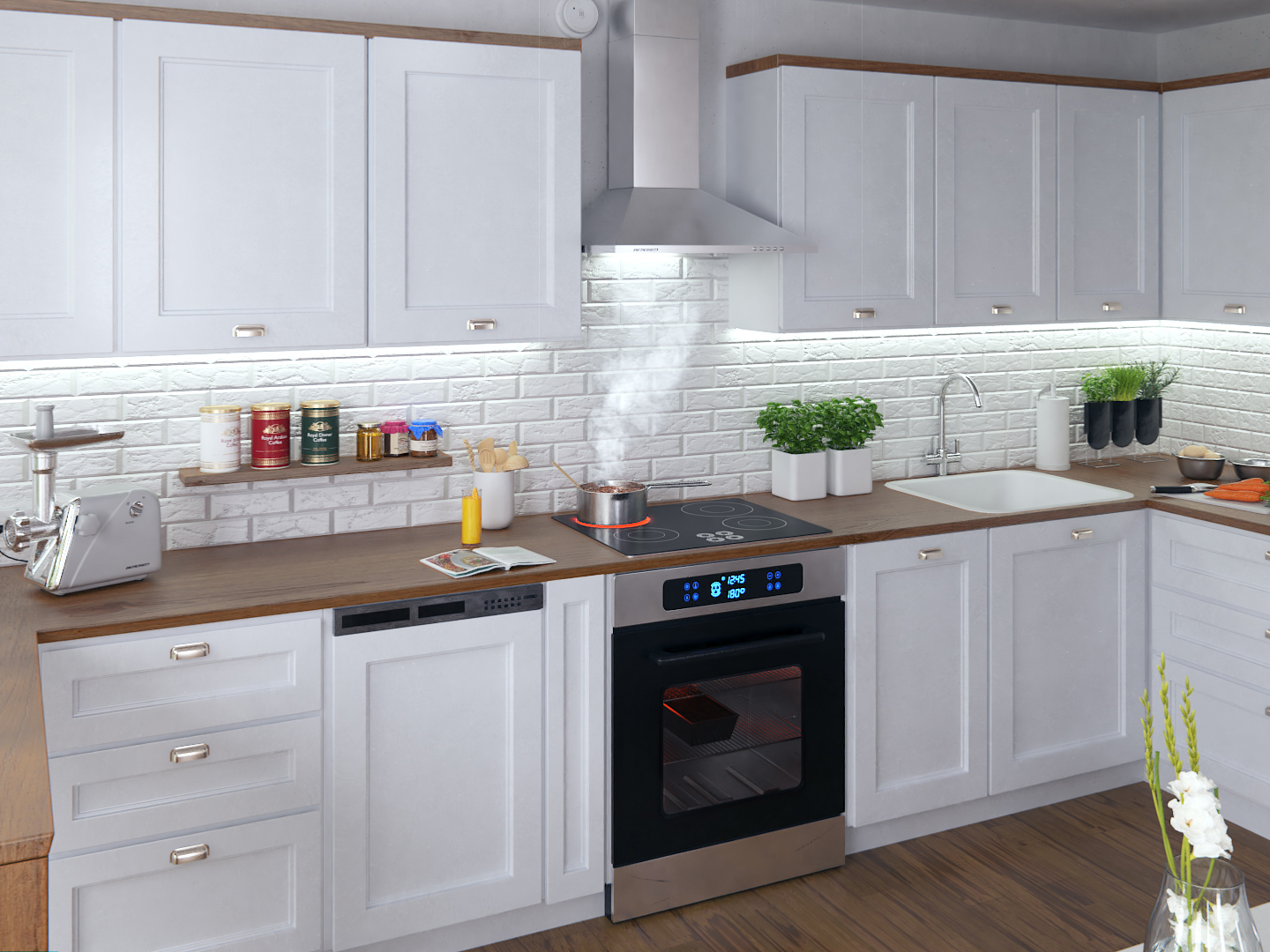 Scena kuchenna z okapem nad kuchenką. Garnek gotuje się i unosi się para.