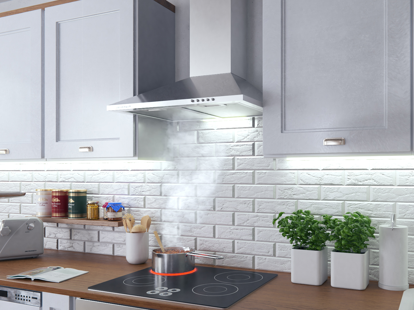 Scena kuchenna z okapem nad kuchenką. Para unosi się z garnka na płycie kuchennej.