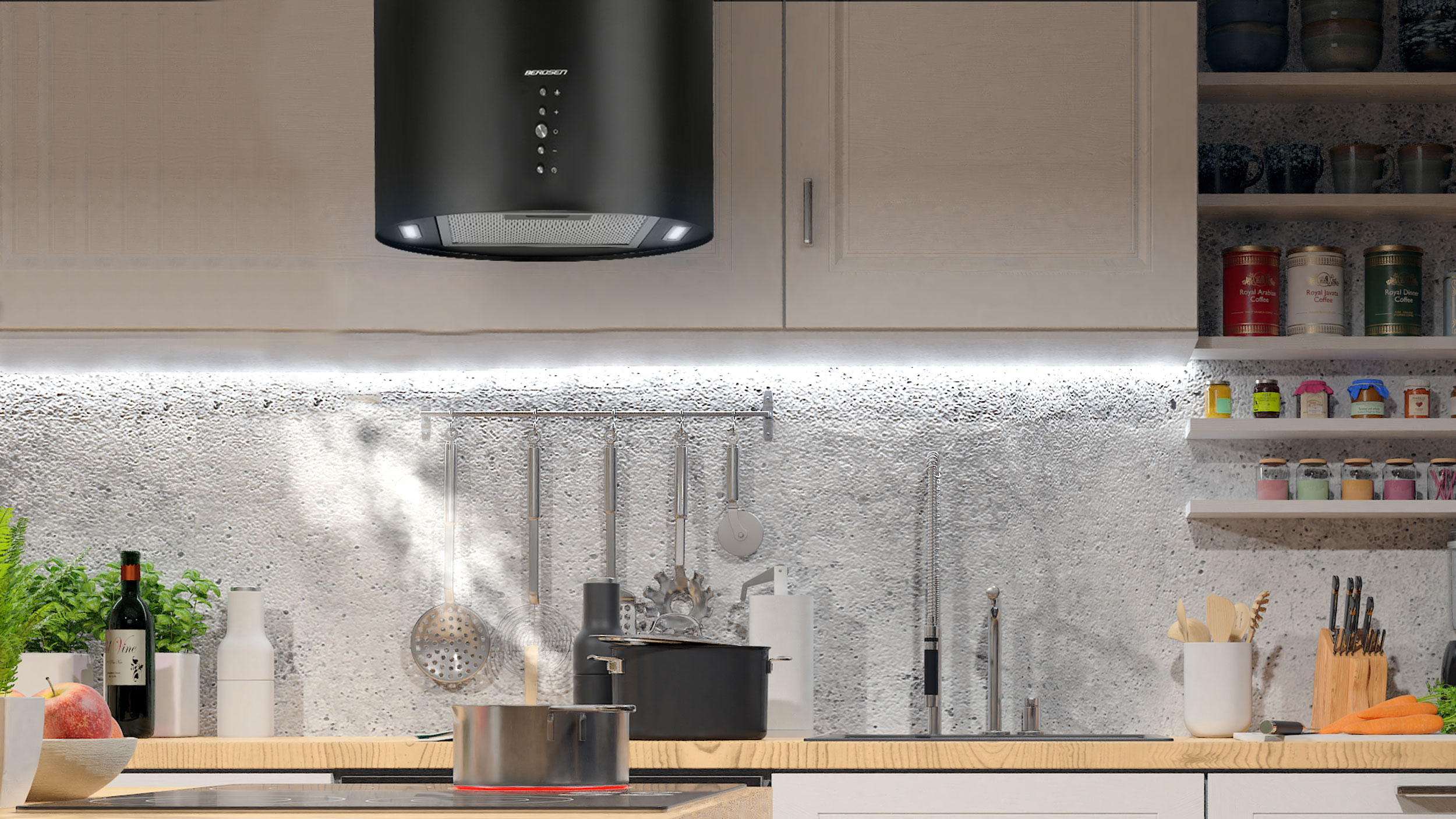 Scena kuchenna z okapem nad kuchenką. Para unosi się z garnka na płycie kuchennej.