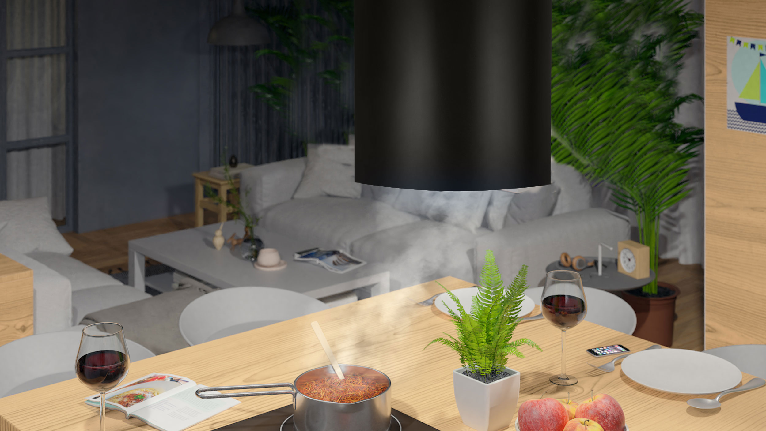 Scena kuchenna z kuchenką i okapem. Garnek gotuje się na kuchence. Obecne kieliszki do wina.