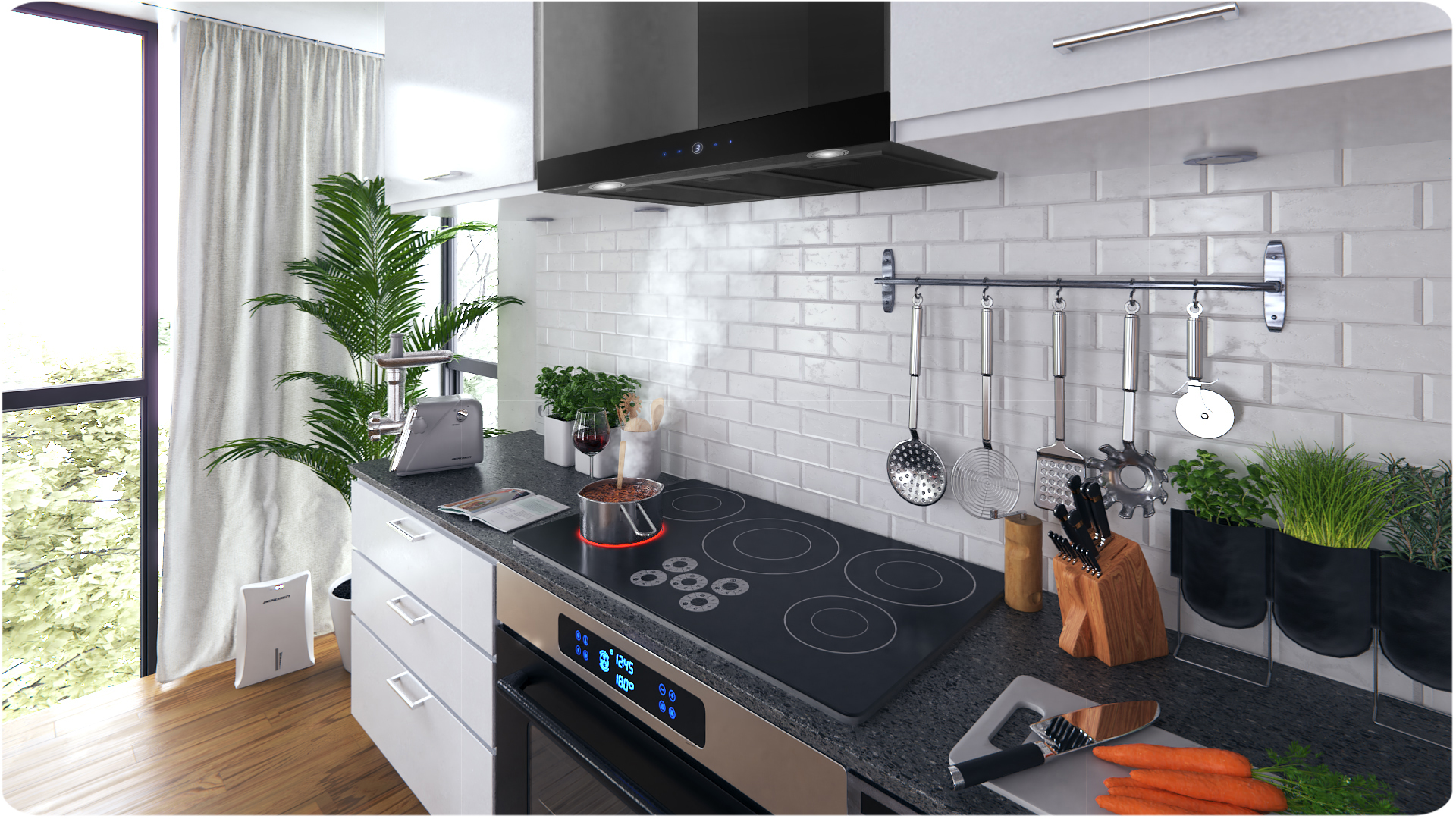 Nowoczesne wnętrze kuchni z białymi szafkami, czarną płytą grzewczą i okapem kuchennym nad nią.