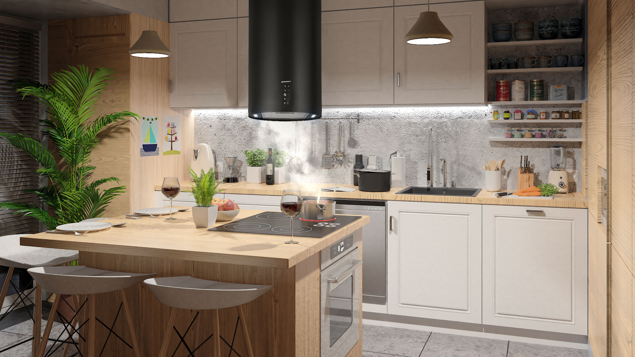 Wnętrze kuchni z czarnym okapem, płytą grzewczą i drewnianą wyspą z hokerami. Nowoczesny design.