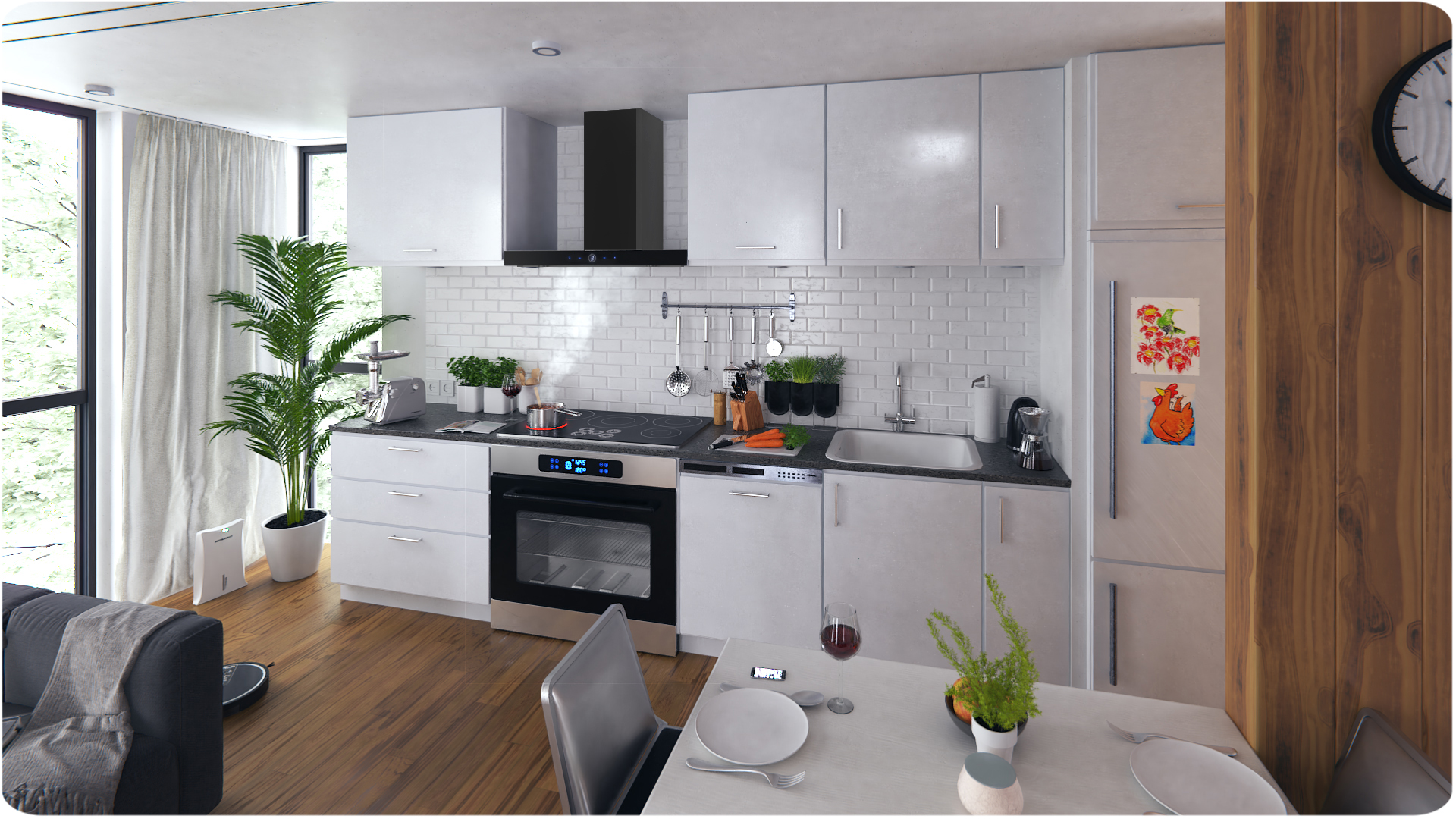 Nowoczesna kuchnia z białymi szafkami, kuchenką, zlewem i stołem jadalnym. Widoczna jest również roślina i okno.