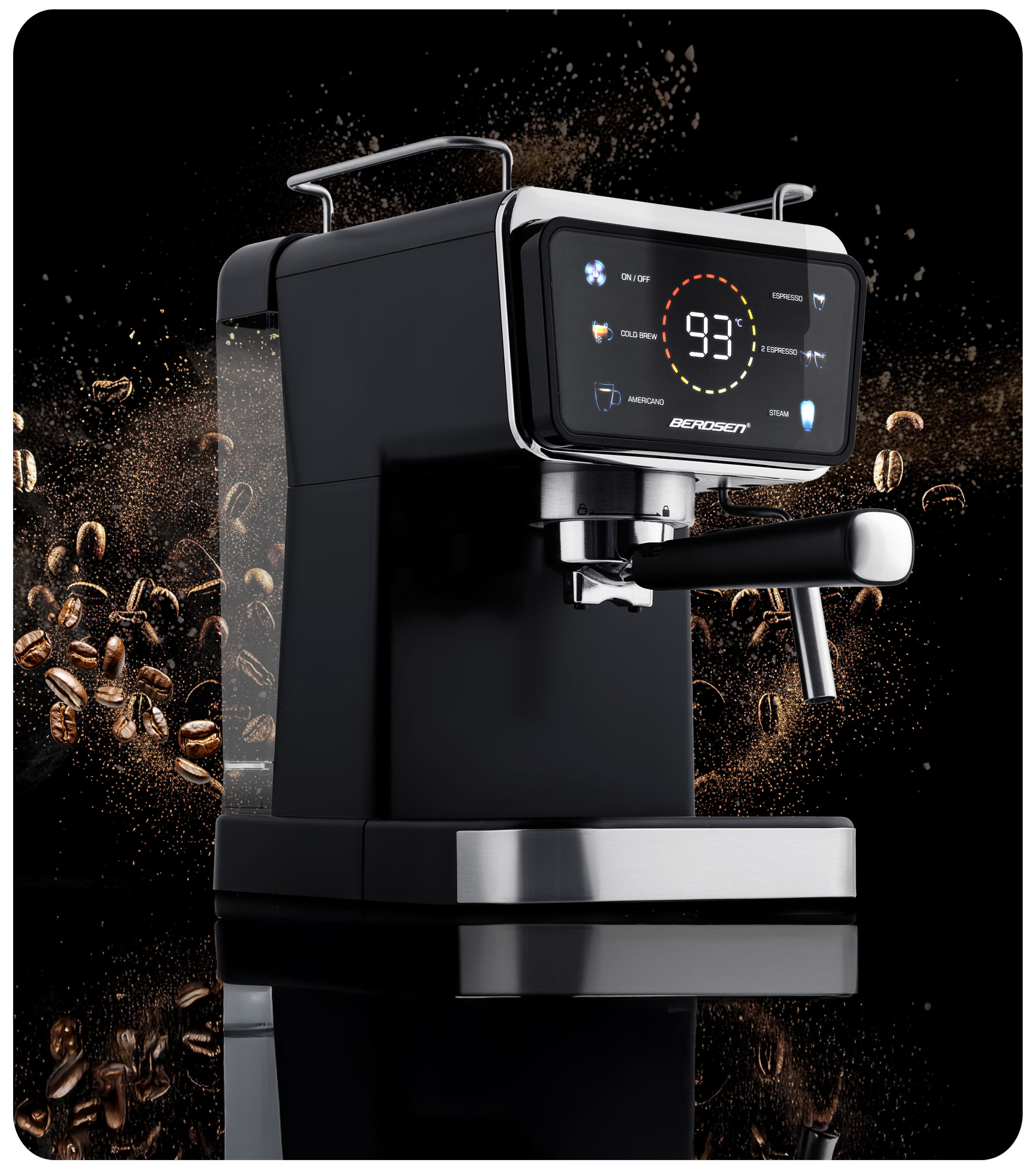 Czarny ekspres do kawy z cyfrowym wyświetlaczem pokazującym temperaturę i ustawienia. Rozrzucone ziarna kawy.