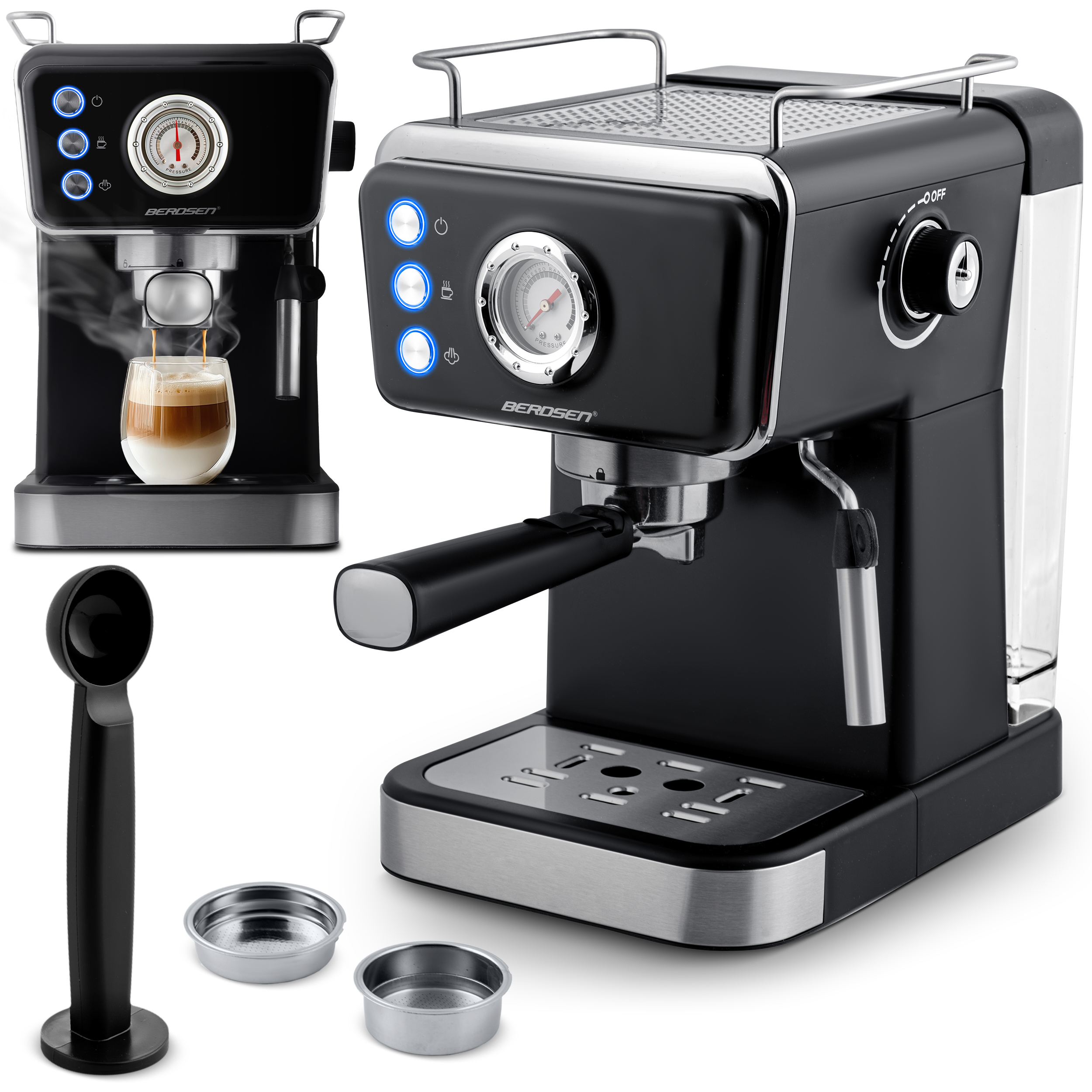 Czarny ekspres do kawy z kobietą trzymającą filiżankę kawy. Wydobywa się para.