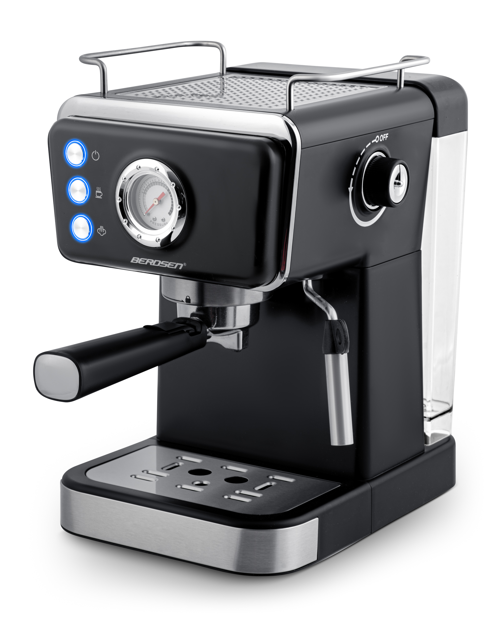 Czarny ekspres do kawy z chromowanymi akcentami, cyfrowym wyświetlaczem i przyciskami. Maszyna stoi na białym tle.