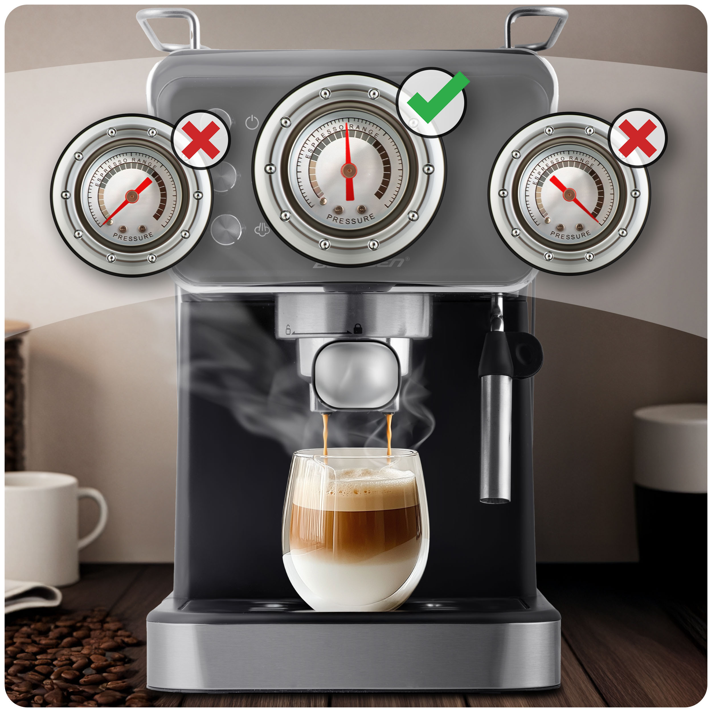 Ekspres do kawy ze wskaźnikami ciśnienia. Jeden pokazuje prawidłowe ciśnienie z zielonym znakiem wyboru. Kawa się nalewa.