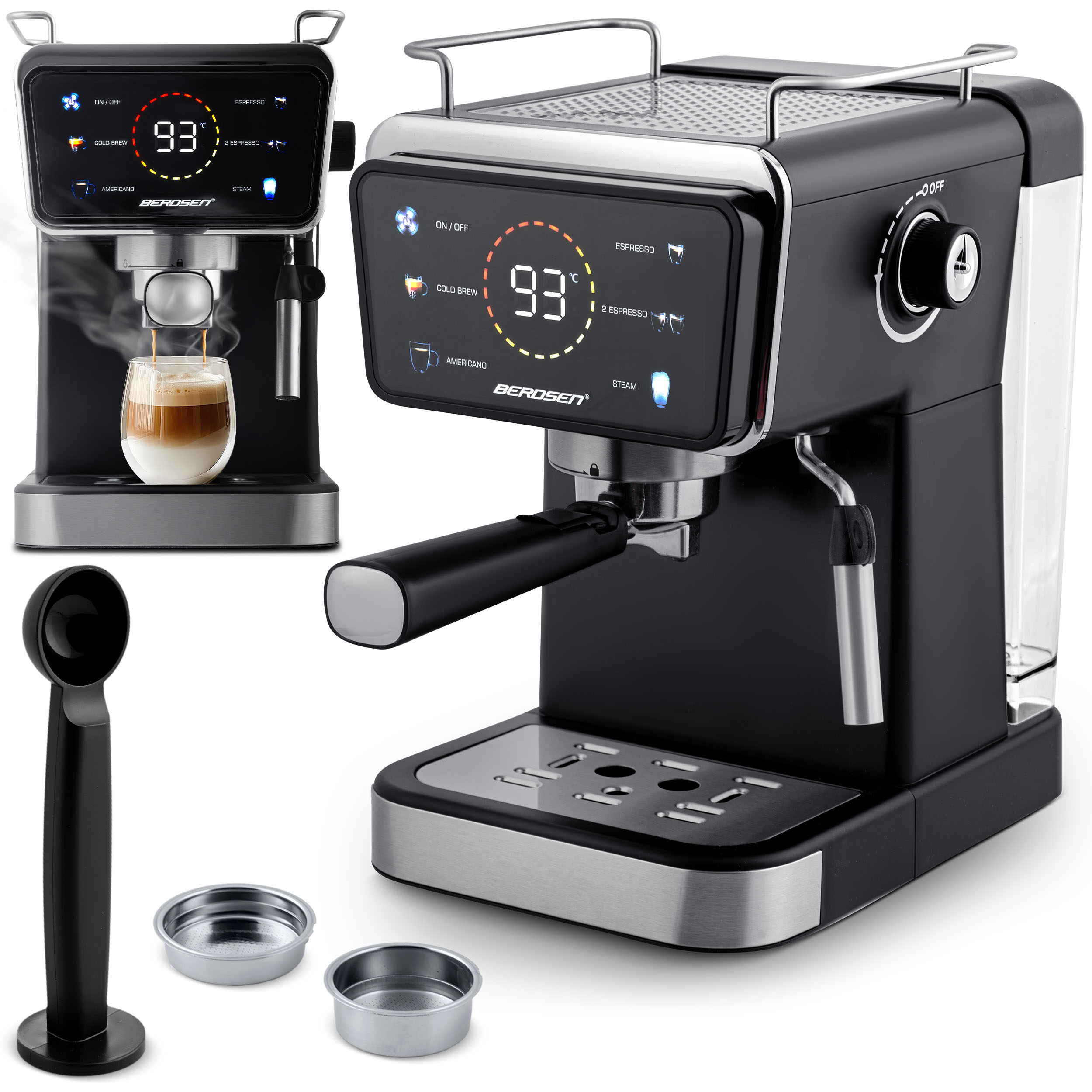 Czarny ekspres do kawy z cyfrowym wyświetlaczem i kobietą trzymającą filiżankę kawy. Wydobywa się para.