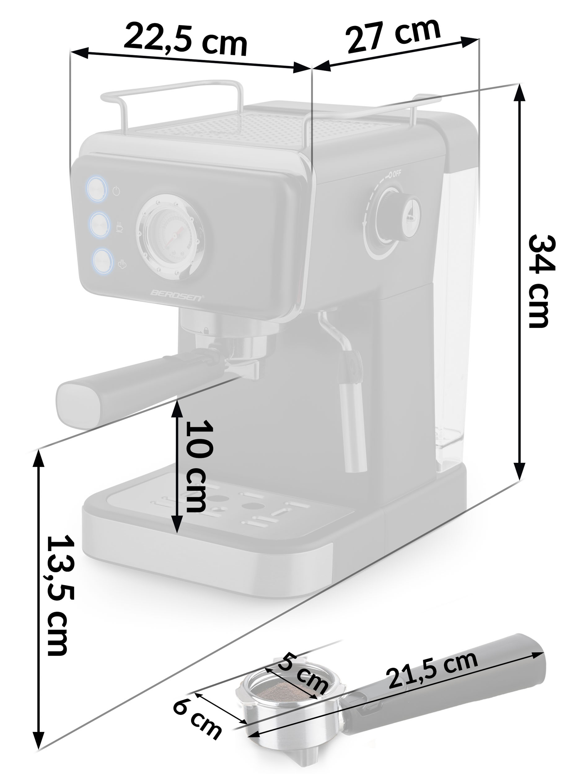 Ekspres do kawy z oznaczonymi wymiarami. Portafiltr również pokazany z wymiarami.