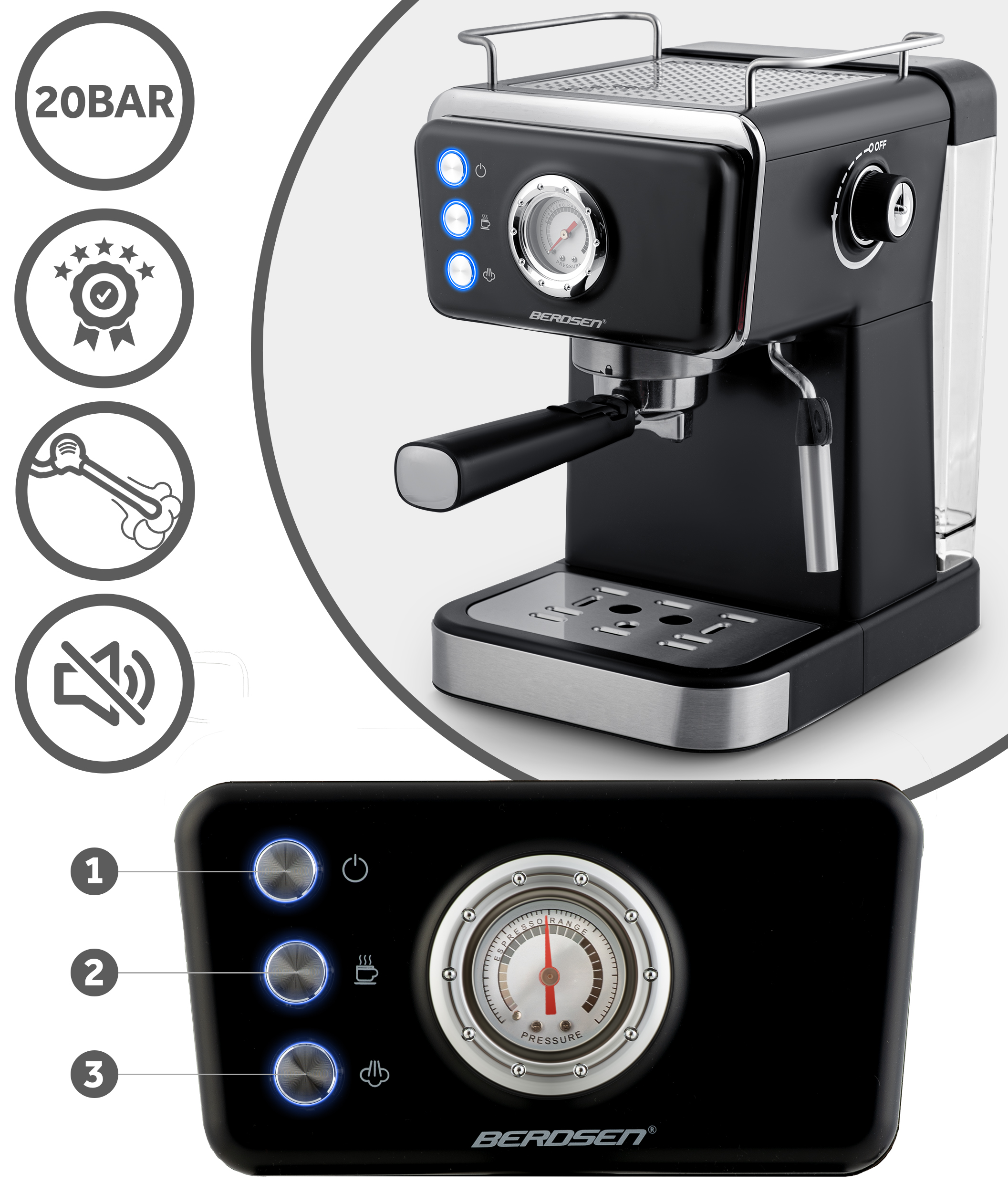 Zbliżenie na ekspres do kawy z pokrętłem, przyciskami i wyświetlaczem, prezentujące elementy sterowania i ikony.