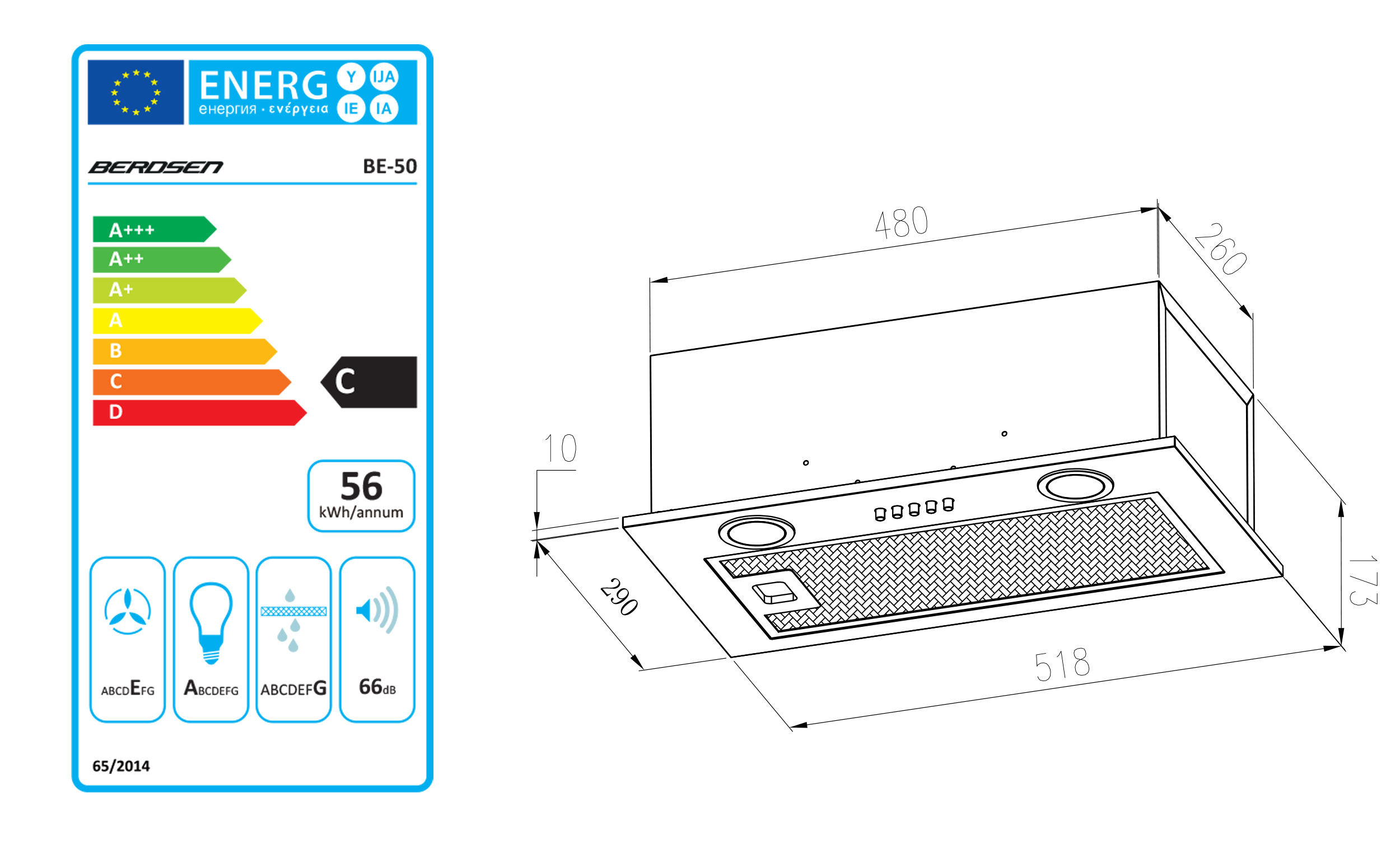 Etykieta energetyczna okapu kuchennego Berosen. Pokazuje efektywność energetyczną i dane techniczne.