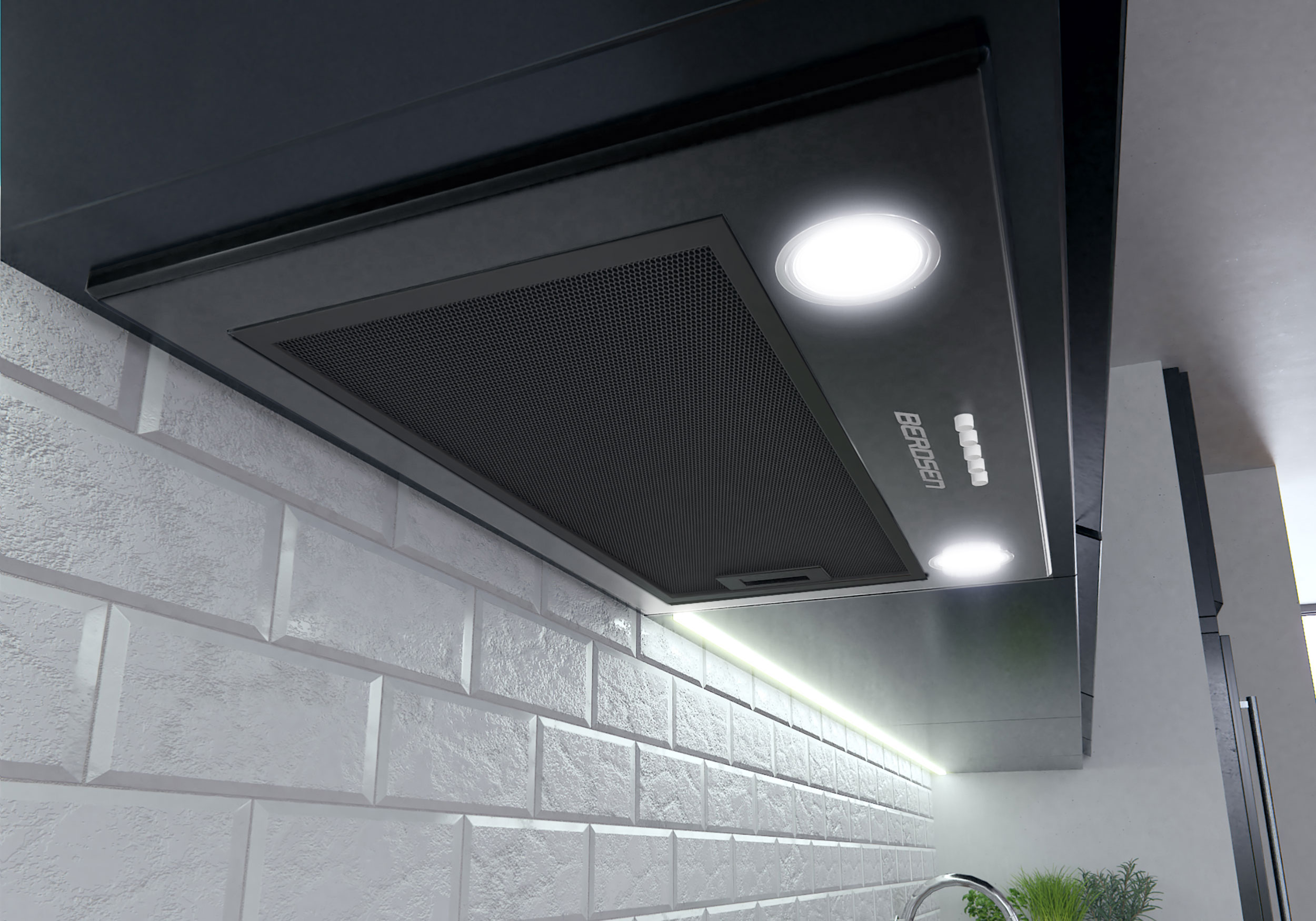 Czarny okap kuchenny Berosen zamontowany nad białymi kafelkami z cegły. Dwa światła są włączone.