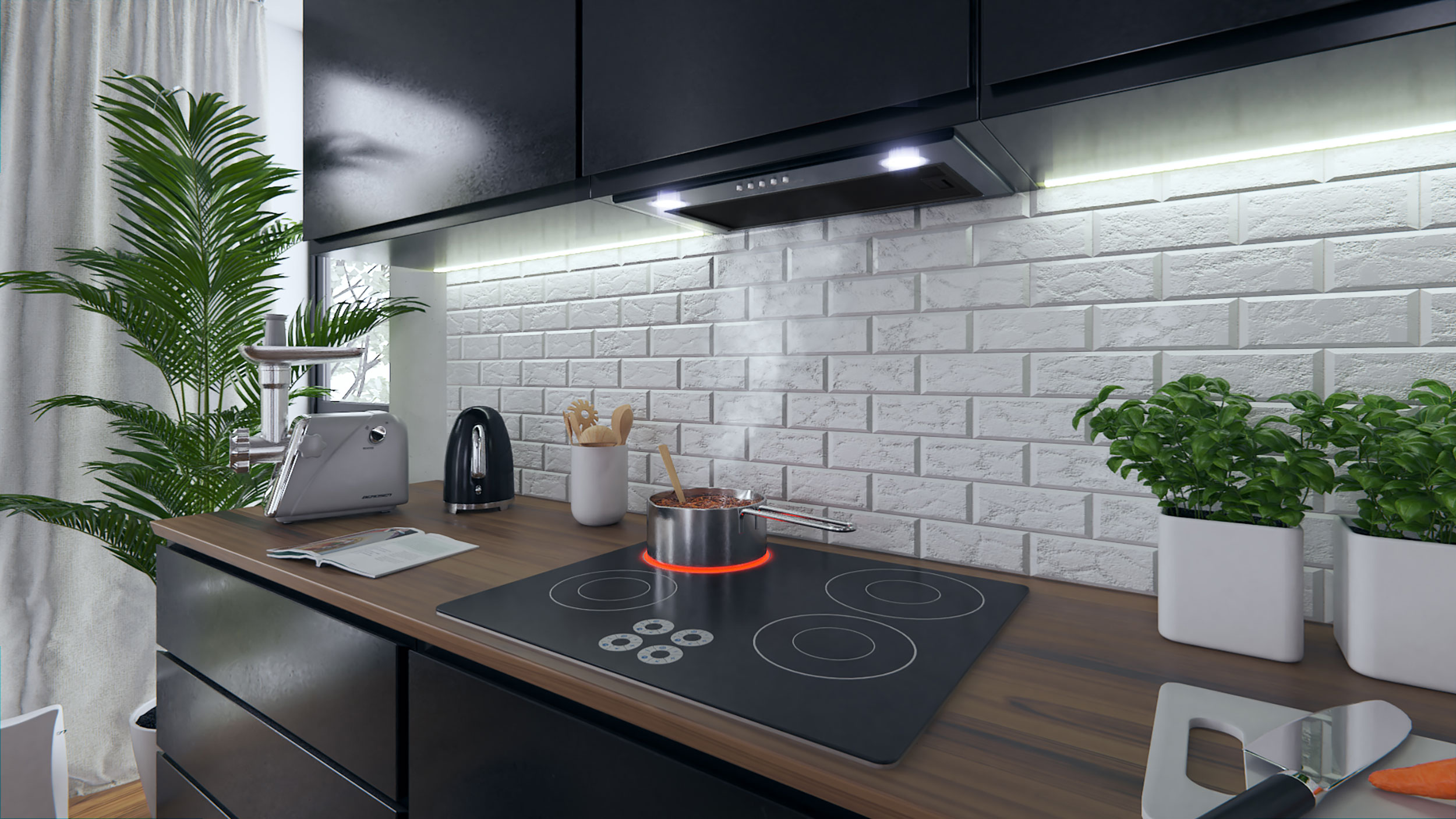 Scena kuchenna ze sprzętem, okapem i garnkiem na kuchence. Rośliny po lewej.