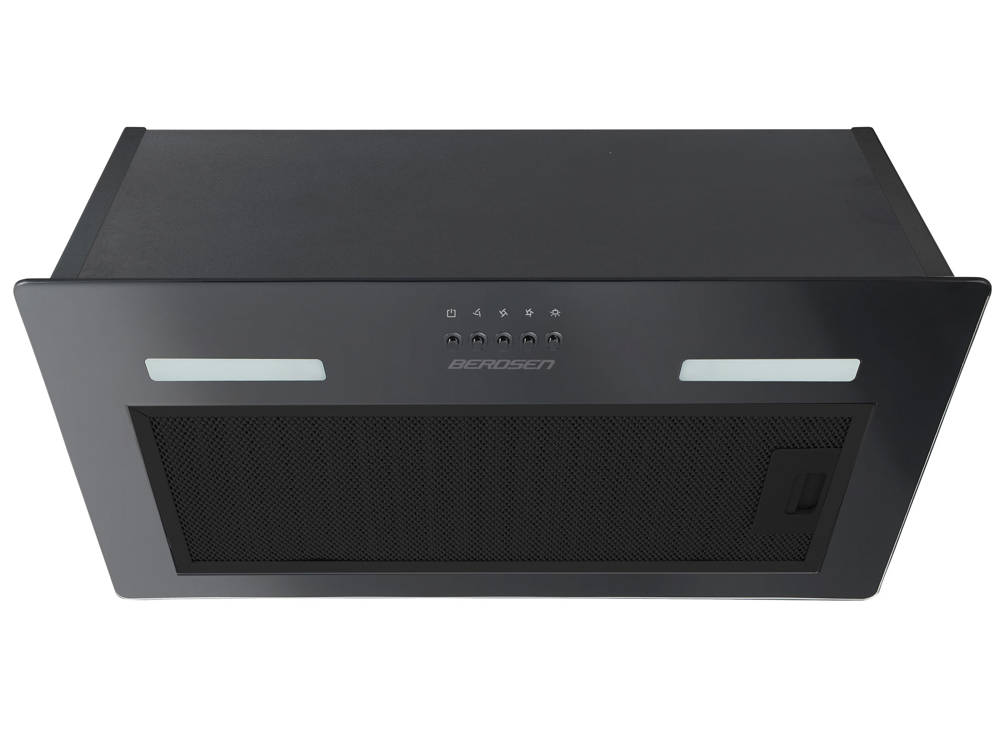 Widok z góry na czarny okap z elementami sterującymi i filtrem siatkowym. Ma dwa światła.