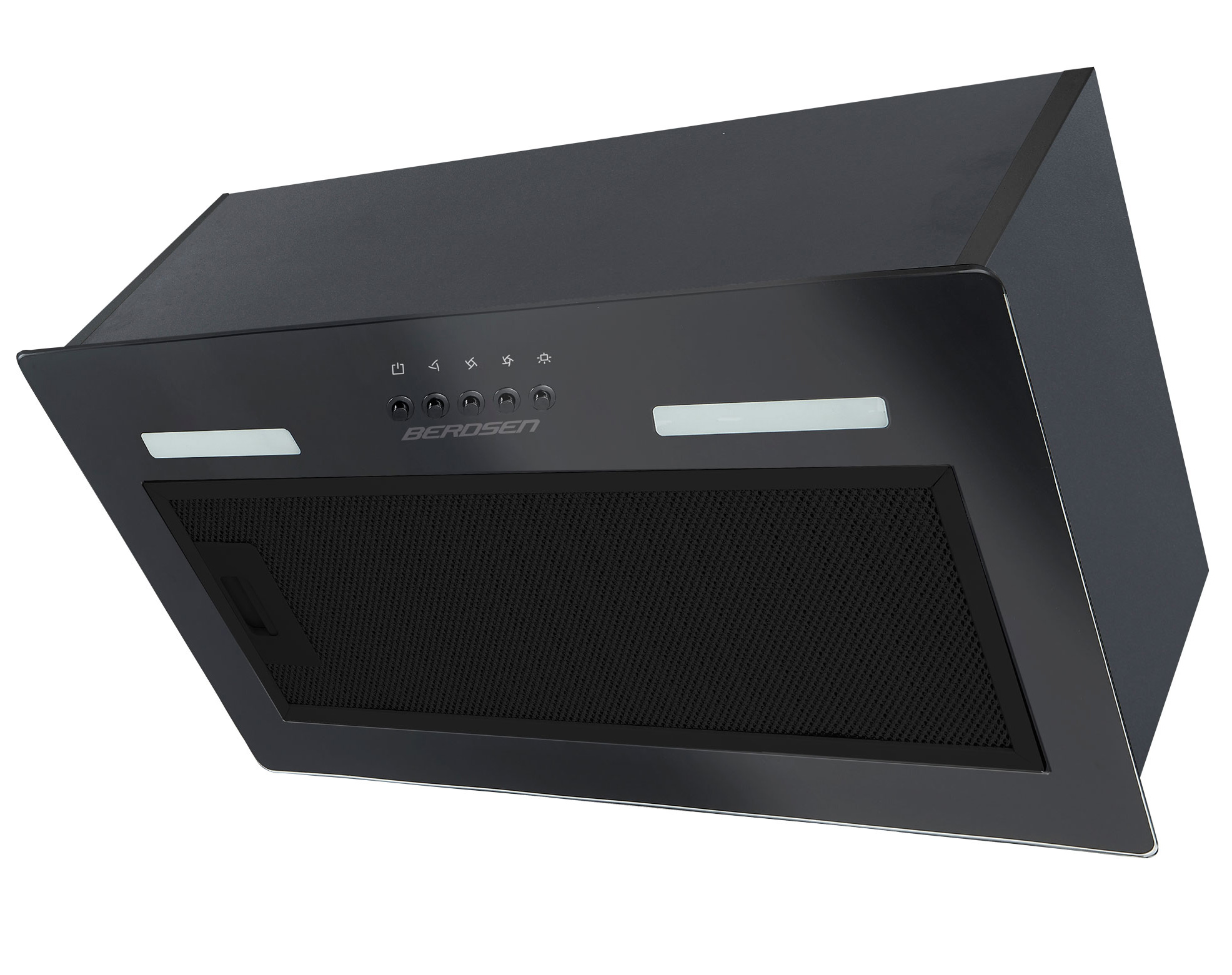 Czarny okap z elementami sterującymi i filtrem siatkowym. Ma dwa białe światła.