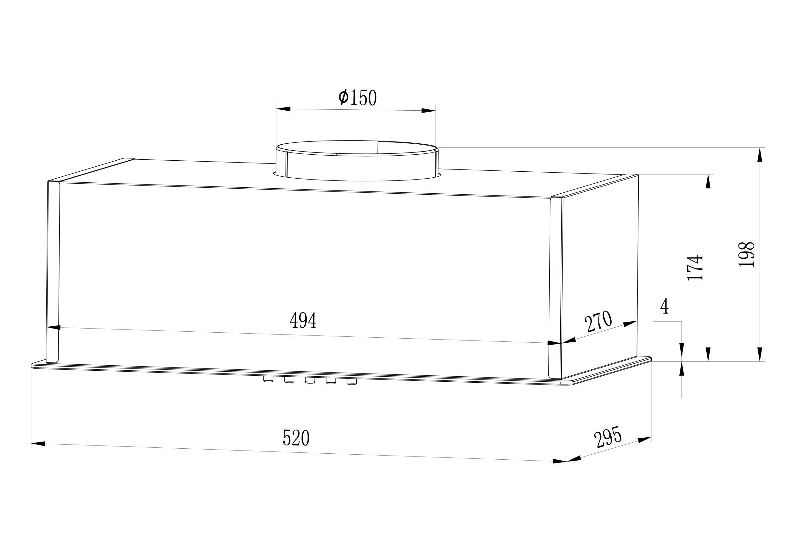 Rysunek techniczny okapu kuchennego, pokazujący wymiary i szczegóły konstrukcyjne.