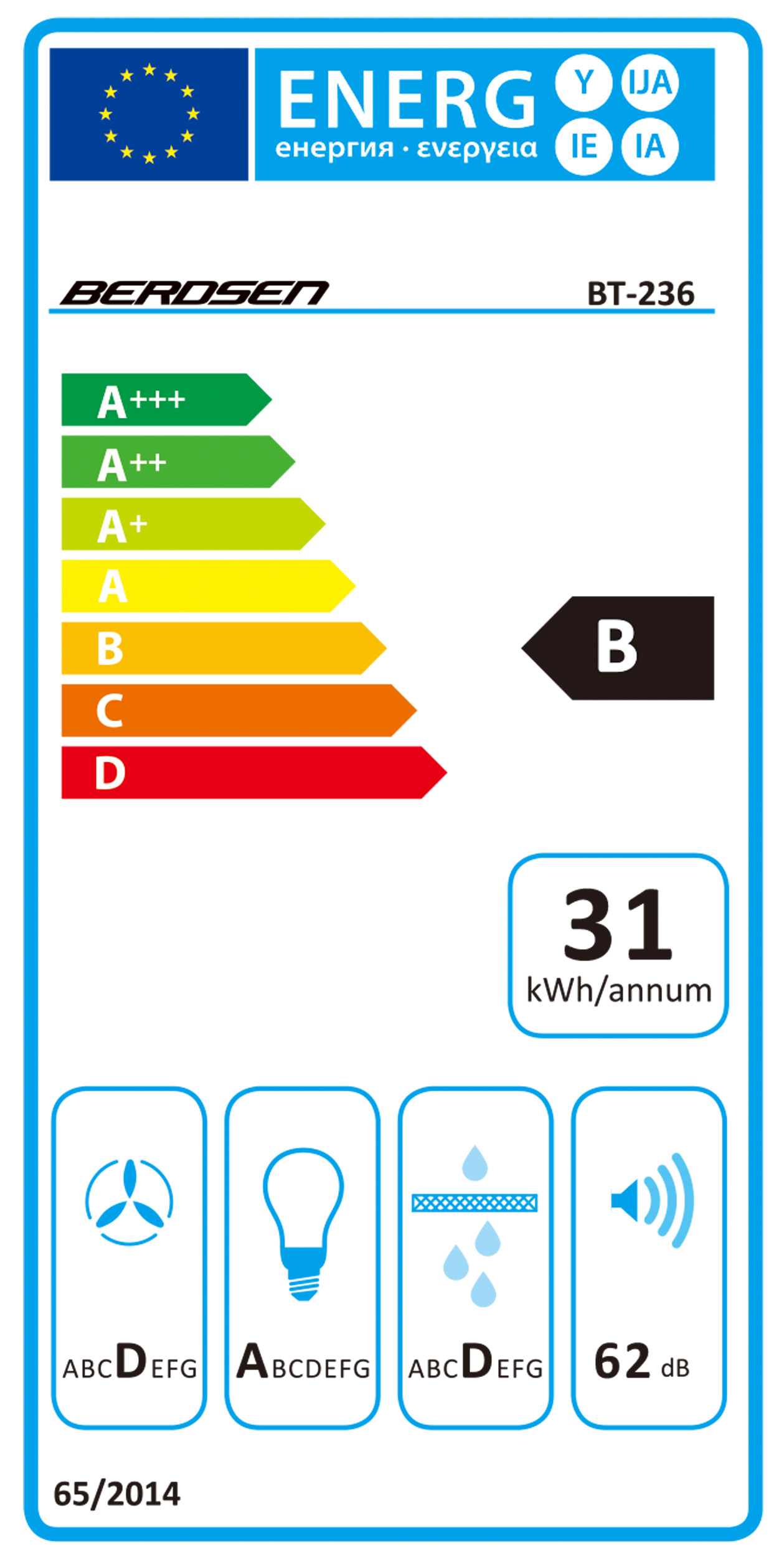 Etykieta energetyczna okapu kuchennego Berosen, pokazująca efektywność energetyczną i dane techniczne.