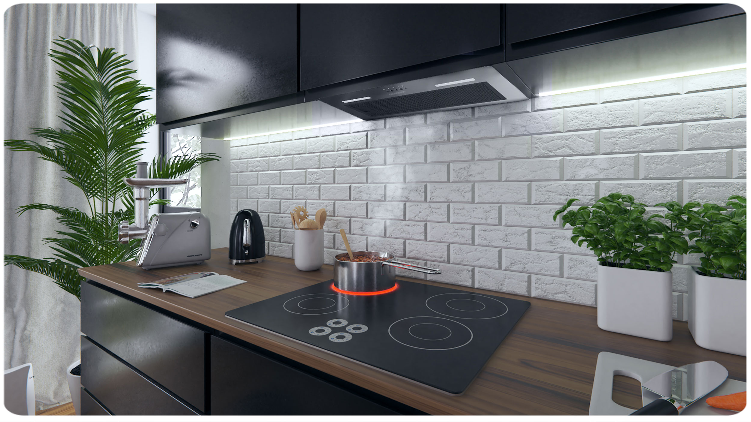 Scena kuchenna ze sprzętem, okapem i garnkiem na kuchence. Rośliny po prawej.