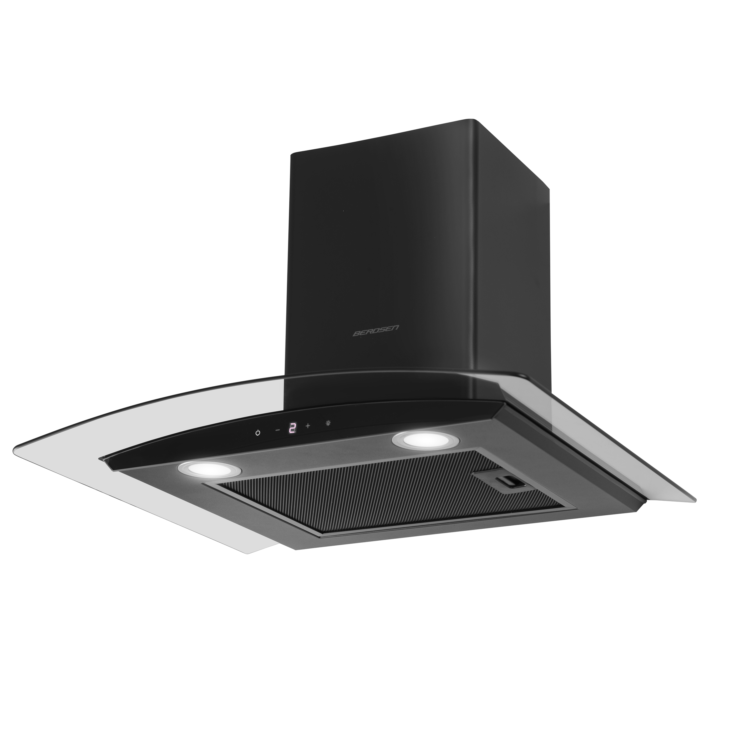 Czarny okap z szklanym frontem. Widoczne dwa światła i elementy sterujące.