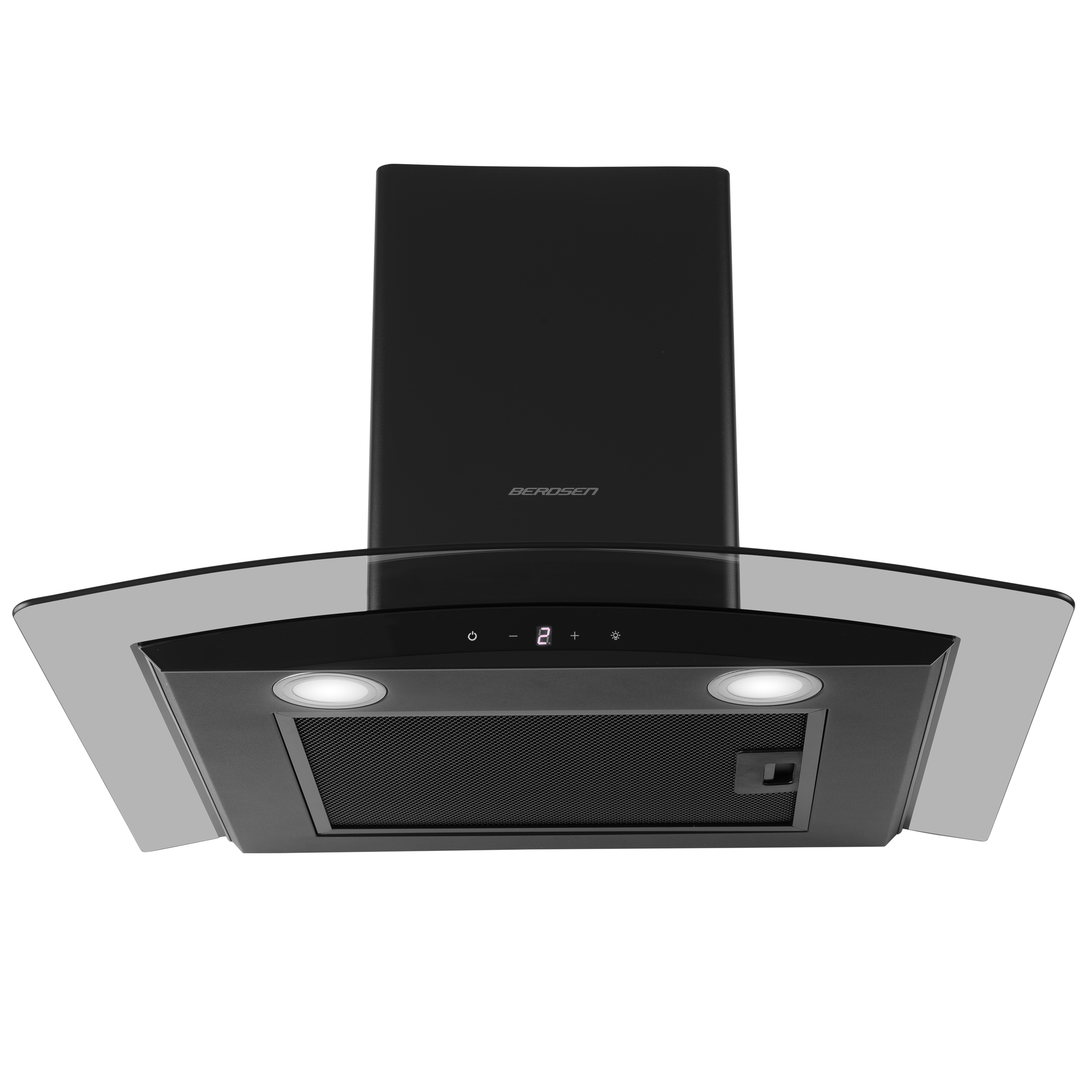 Czarny okap kuchenny Berosen ze szklanym frontem, dwoma światłami i panelem sterowania.