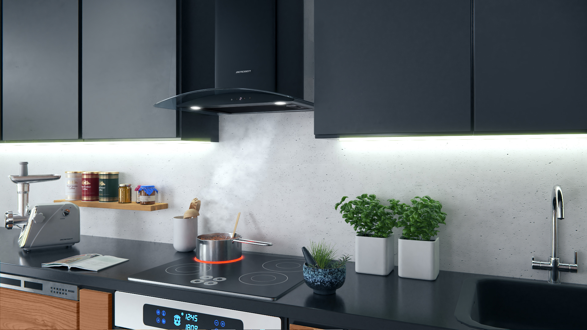 Scena kuchenna ze sprzętem, w tym okapem i garnkiem na kuchence.