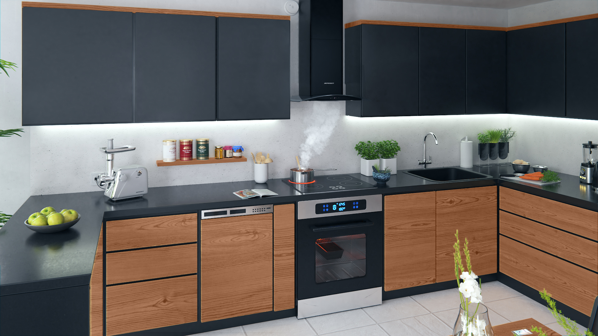 Nowoczesna kuchnia z ciemnymi szafkami, drewnianymi akcentami i urządzeniami. Widoczna płyta grzejna, piekarnik i zmywarka.