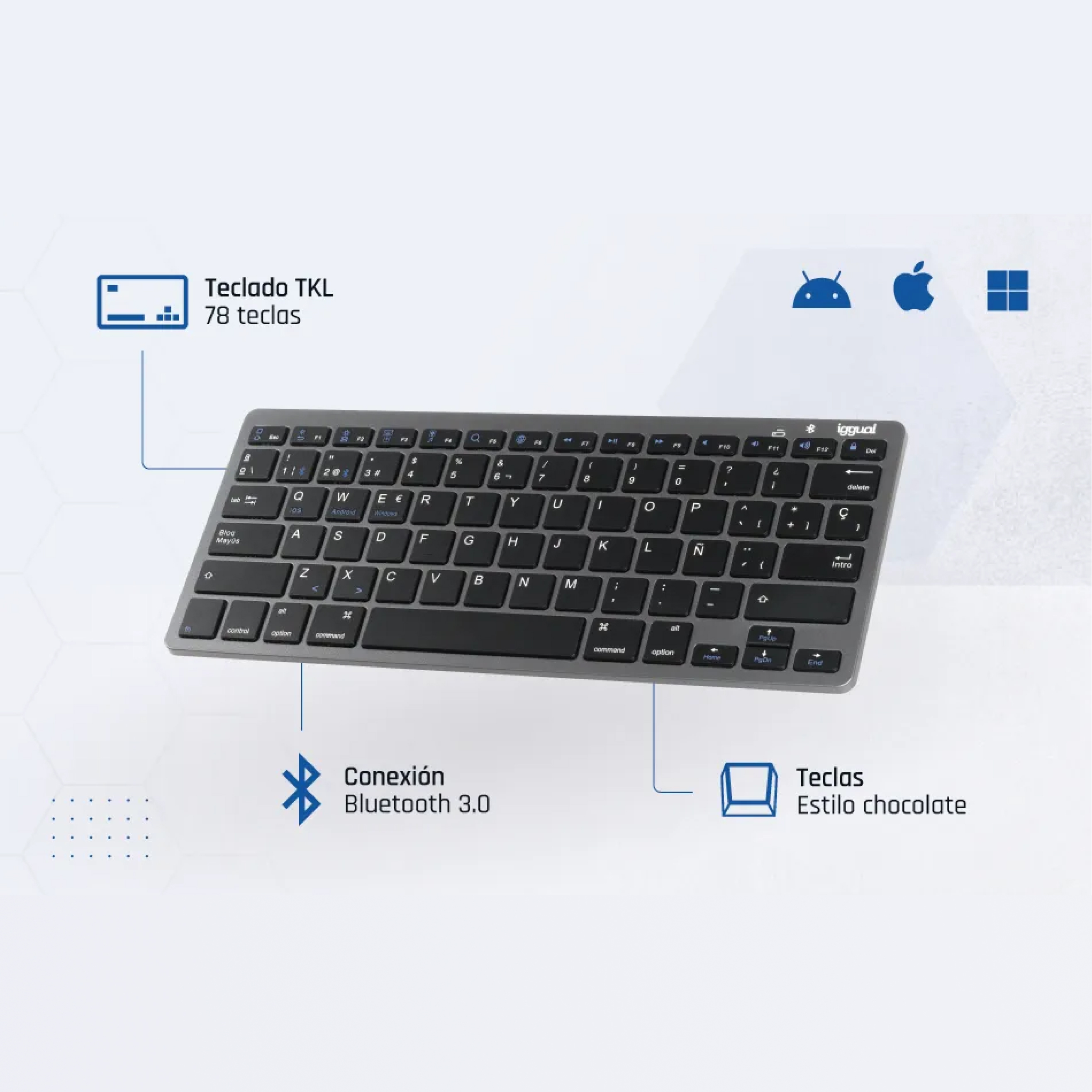 Vista superior de un teclado gris con teclas blancas. Hay iconos y texto en el teclado. El fondo es negro.