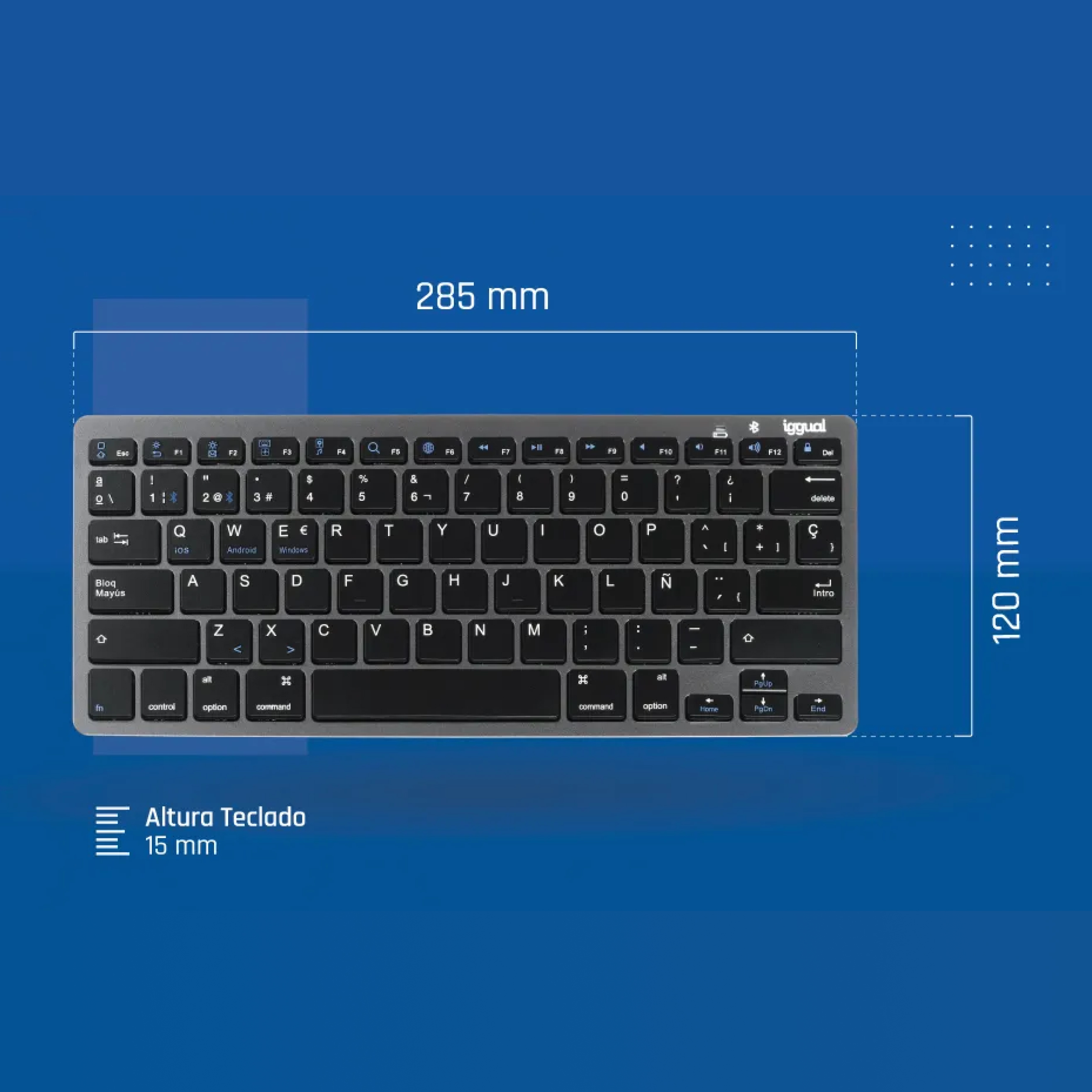 Un teclado con dimensiones: 285 mm de largo, 120 mm de ancho y 15 mm de grosor. Es gris con teclas negras.