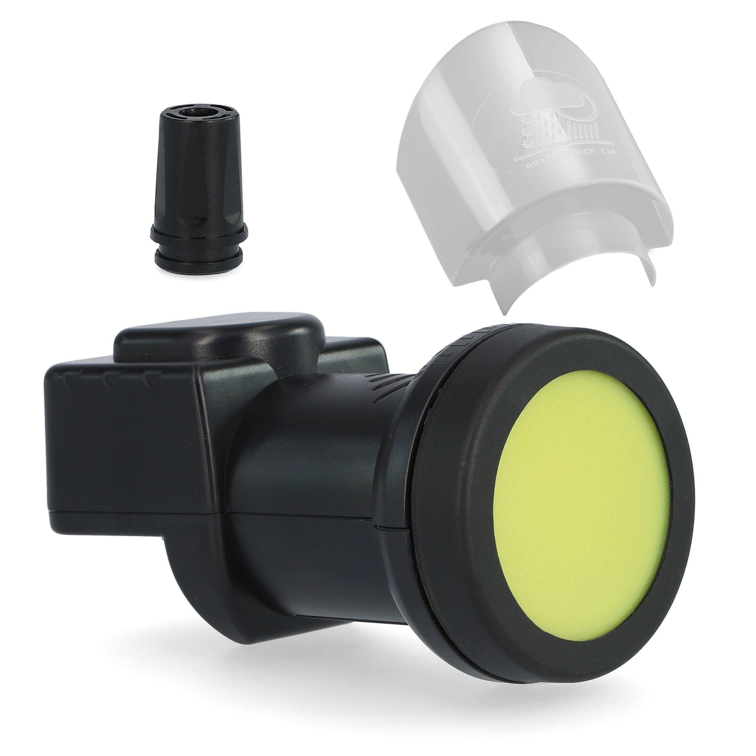 Schwarzes LNB mit gelb-grünem rundem Element und transparenter wetterfester Kappe. Weißer Hintergrund.