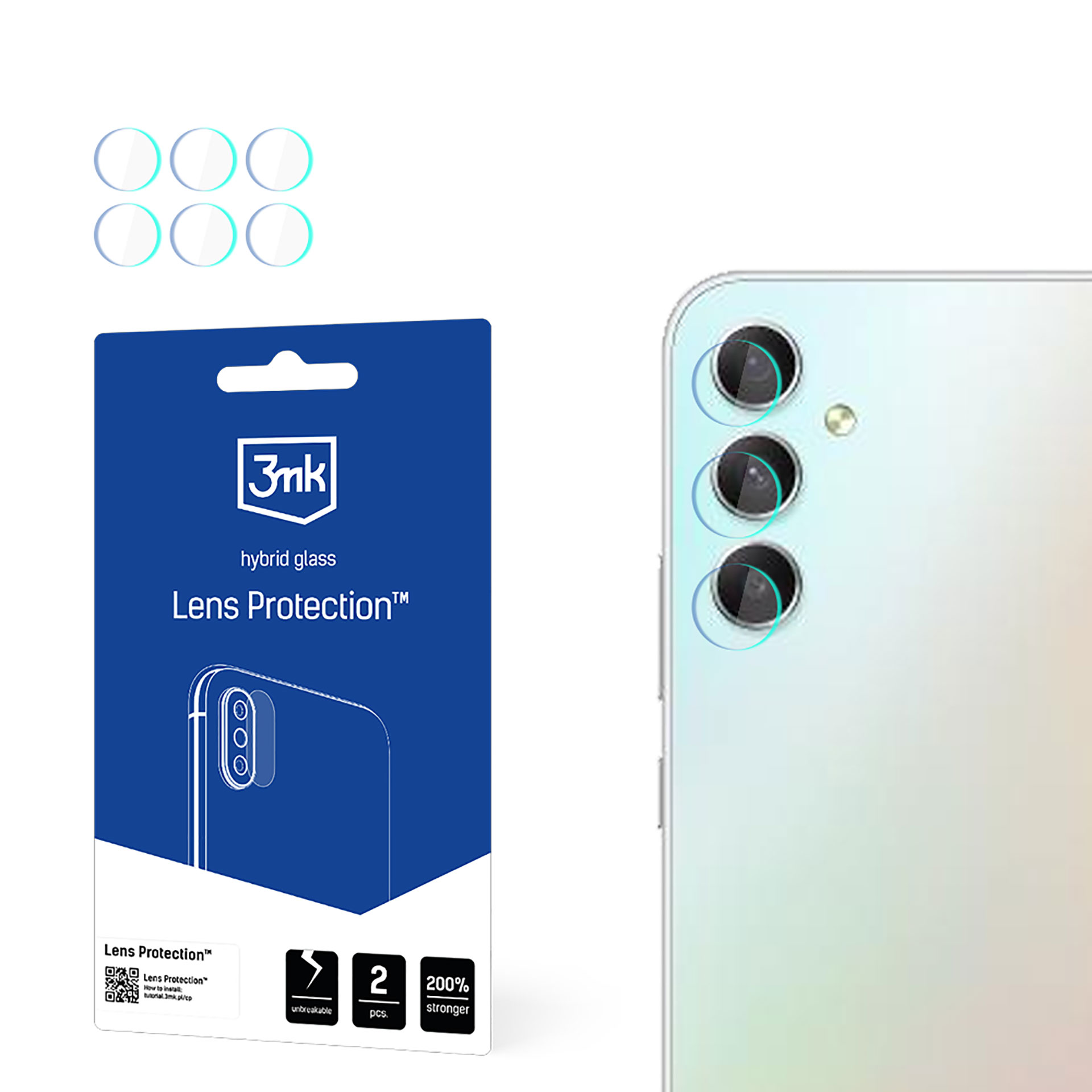 L'immagine mostra protezioni per lenti, un telefono e una confezione del prodotto. La confezione è blu e bianca. Il telefono è bianco.