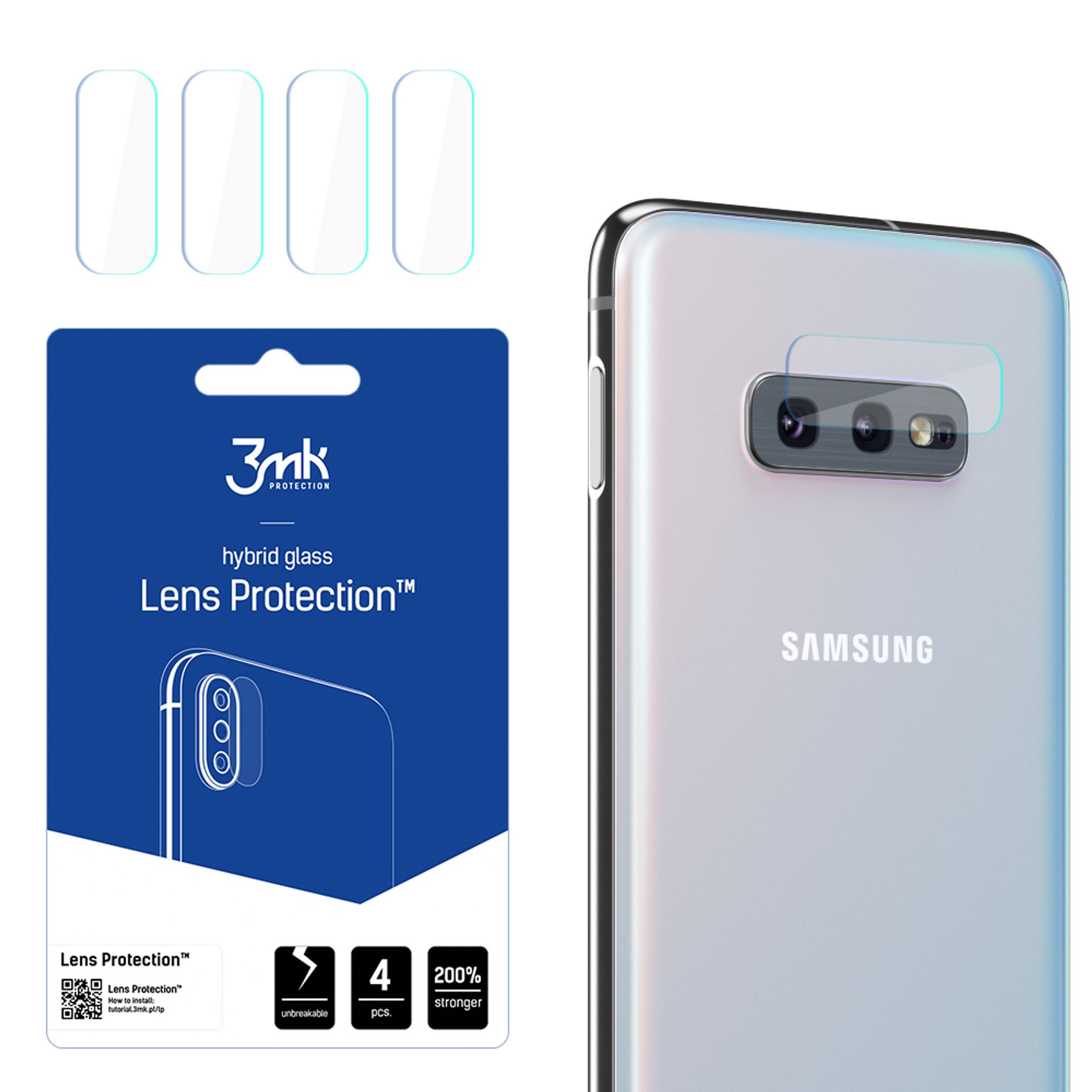 Tył telefonu z ochraniaczem na obiektyw, cztery ochraniacze u góry i niebieskie opakowanie po lewej ze słowami, logo Samsung.