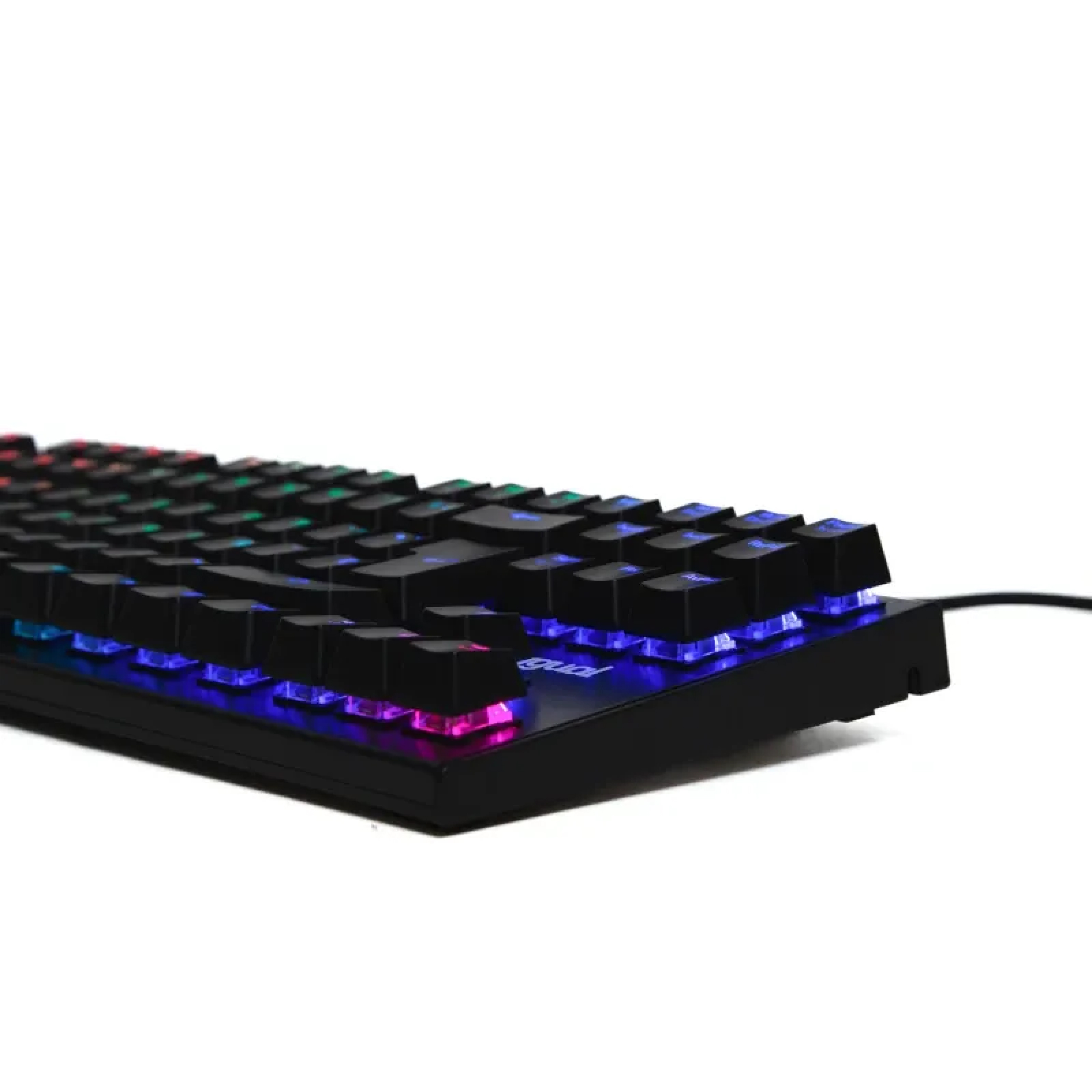 Una tastiera da gioco nera con tasti illuminati multicolore. Lo sfondo è bianco.