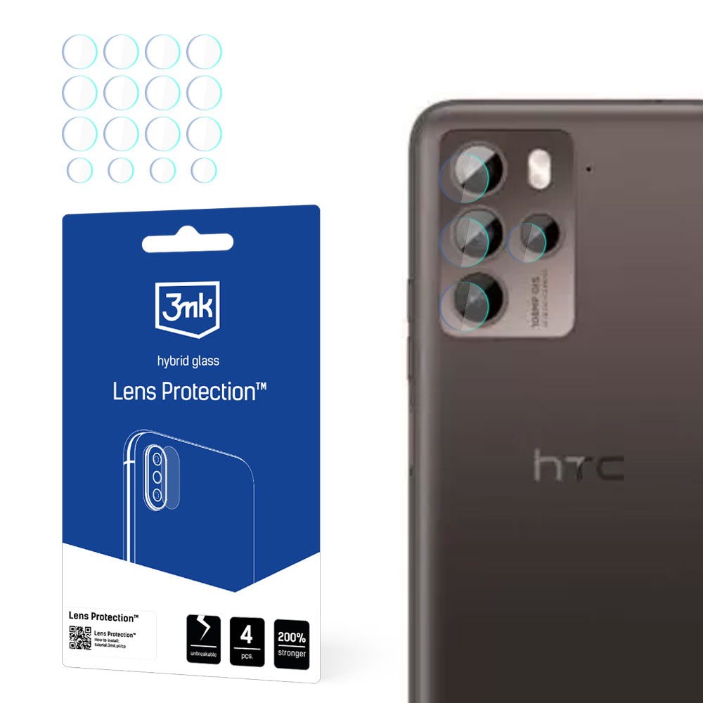 Sono visibili il retro di uno smartphone e le protezioni per lenti. Le protezioni sono per l'obiettivo e il telefono è marchiato htc.