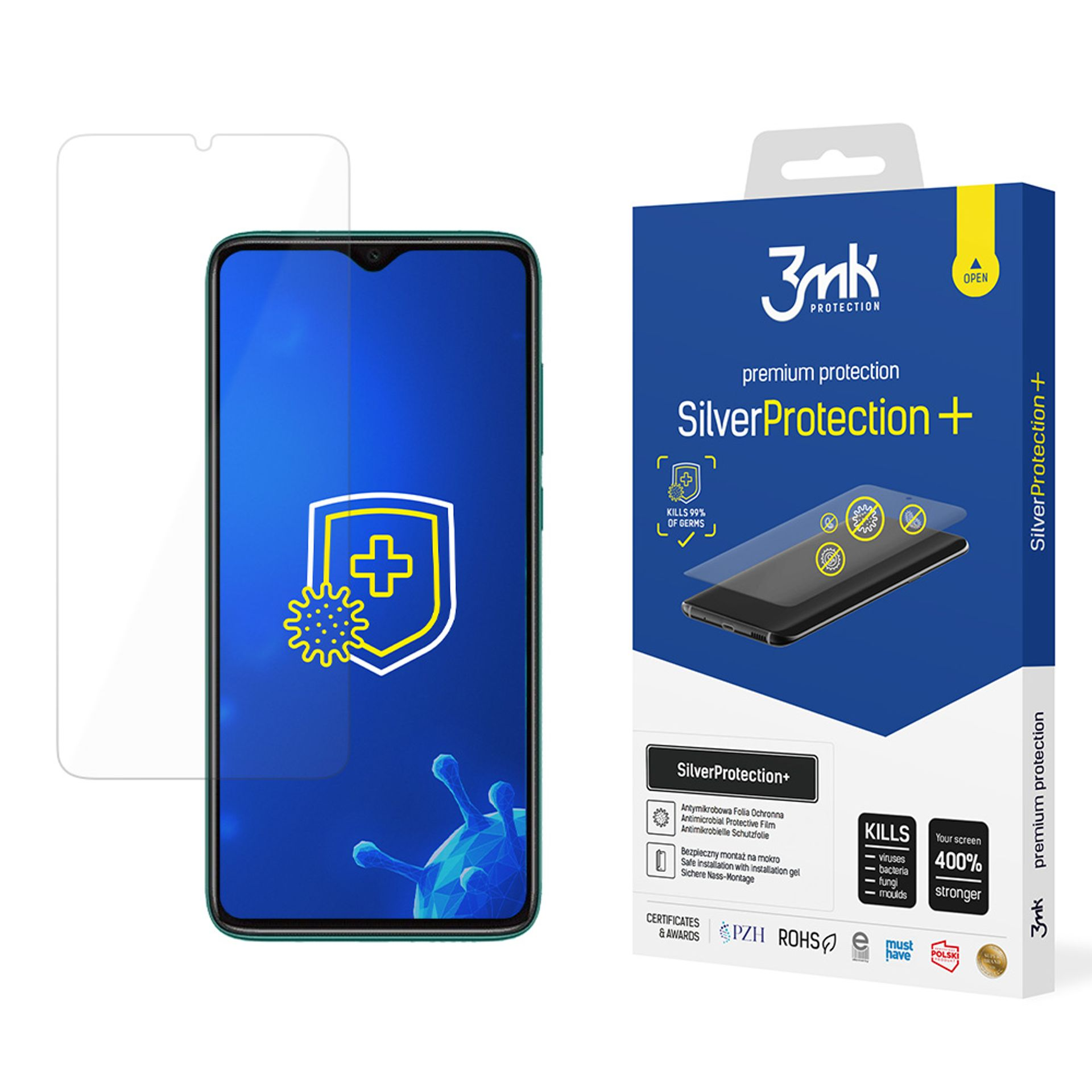 Una scatola di protezione dello schermo del telefono con un telefono e una protezione per lo schermo. La scatola ha 'SilverProtection+'.