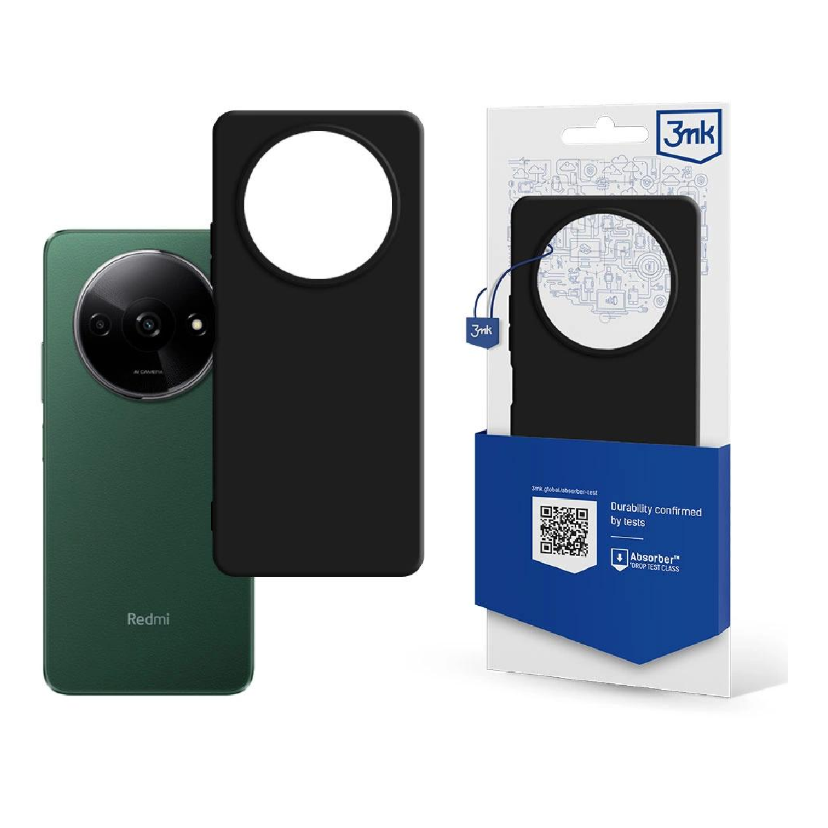 Un telefono Redmi verde, una custodia nera e una confezione di custodia per telefono sono esposti.