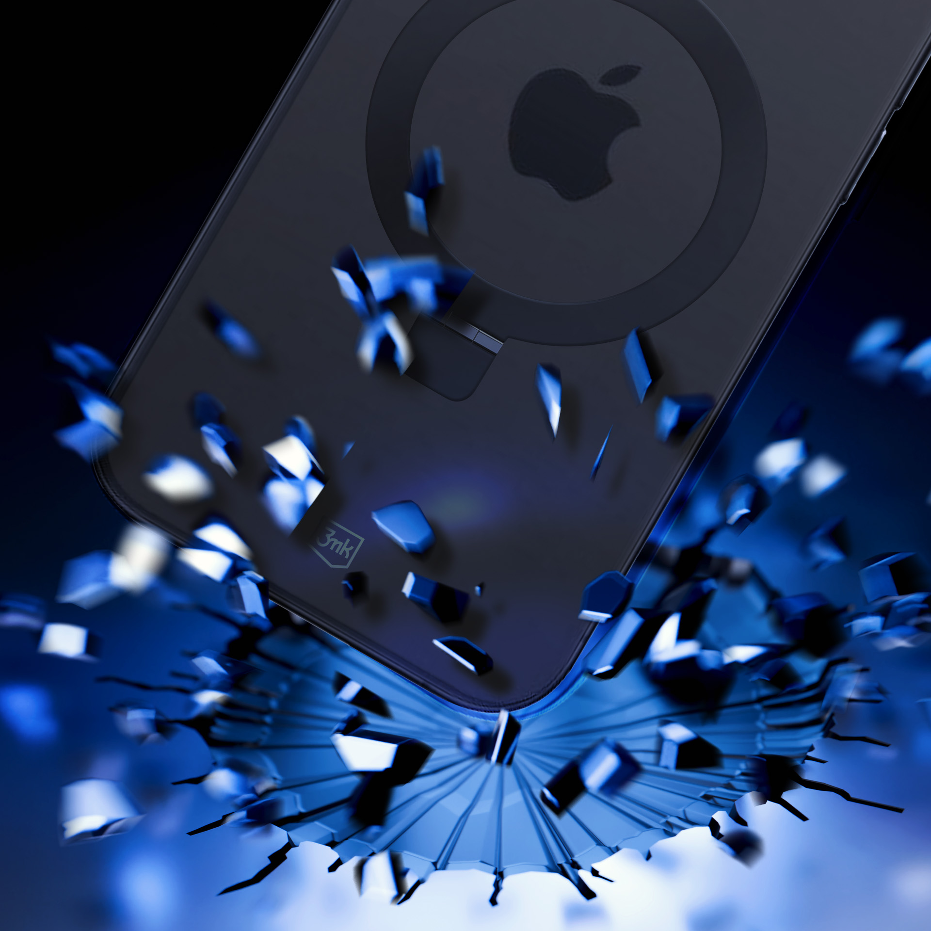 Un telefono nero con il logo Apple rompe una superficie. Schegge blu volano. Lo sfondo è blu scuro.