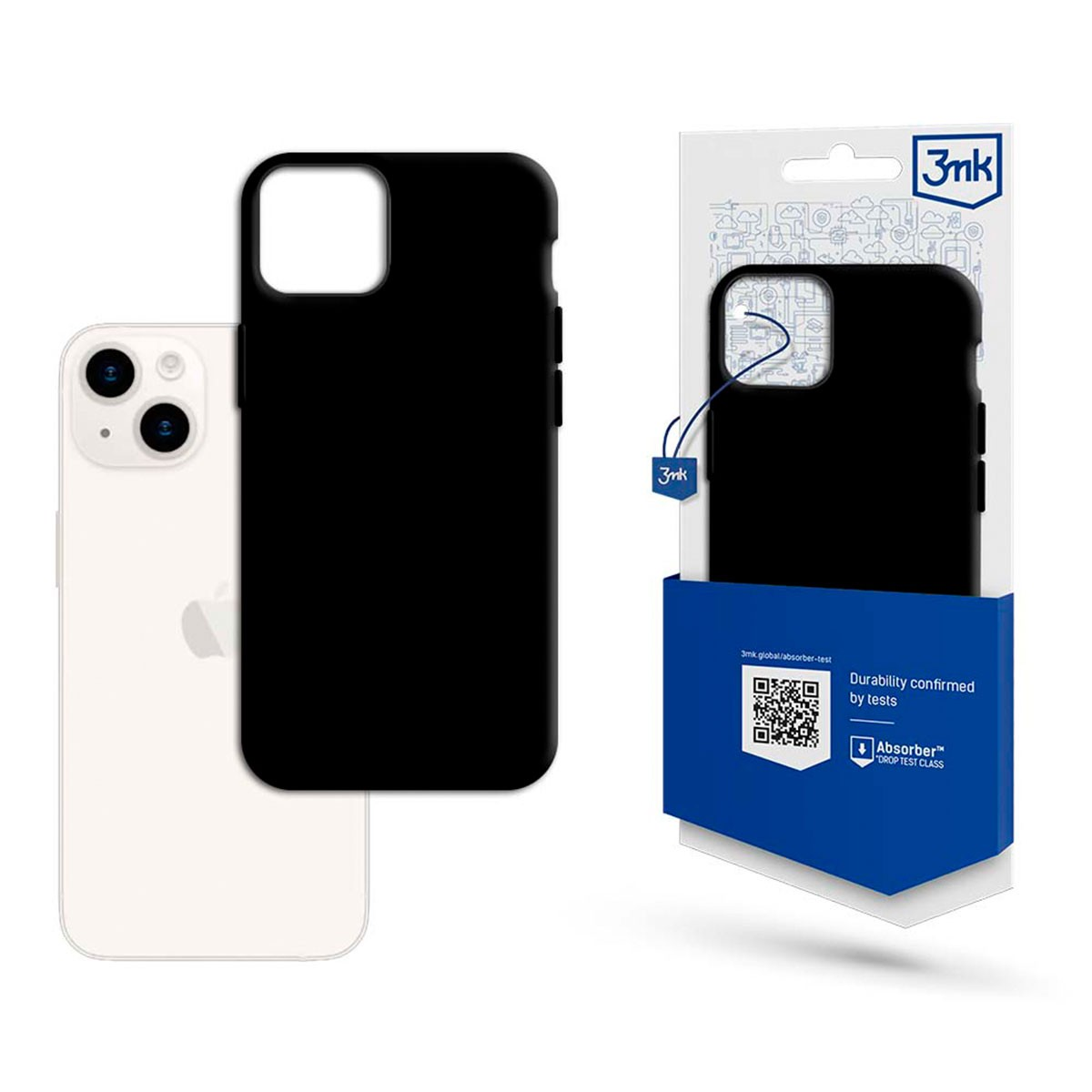 Un iPhone bianco con una custodia nera accanto alla confezione. La confezione mostra una custodia nera, con il logo 3mk e informazioni.